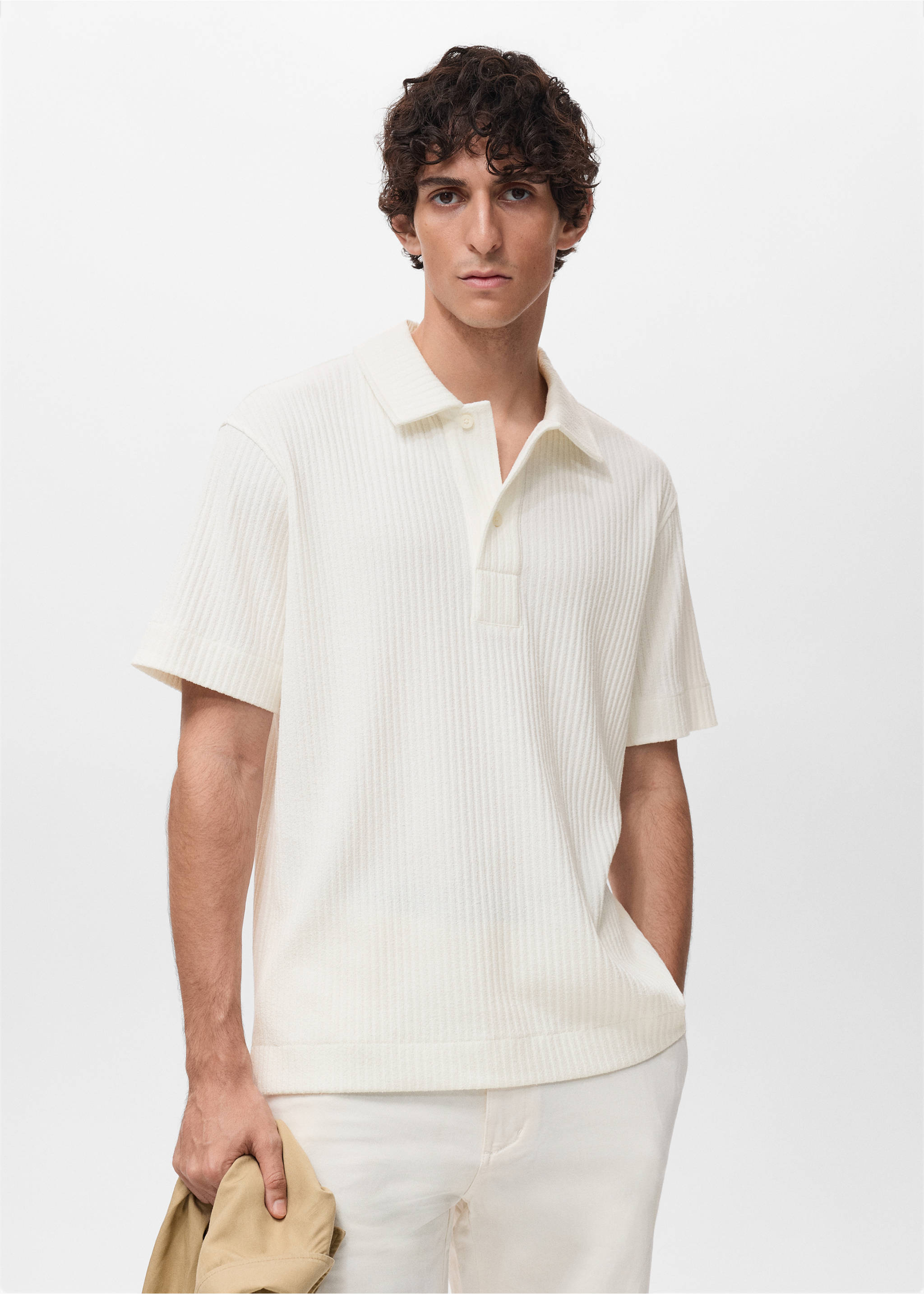 Textured knitted polo shirt - Medium plane, Off White. Ref: 17092921-00.