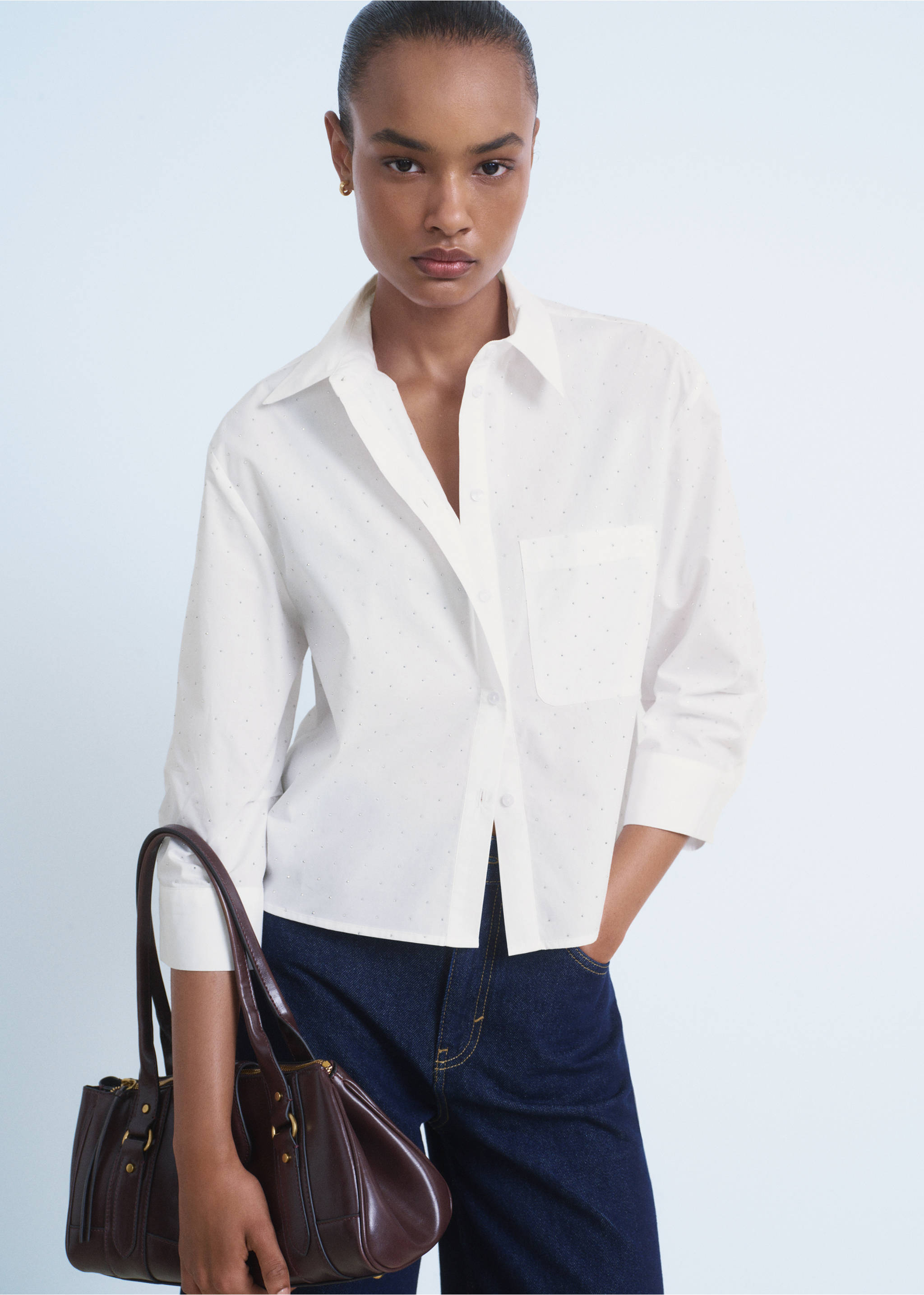 Rhinestone cropped shirt - Medium plane, Off White. Ref: 17092929-00.