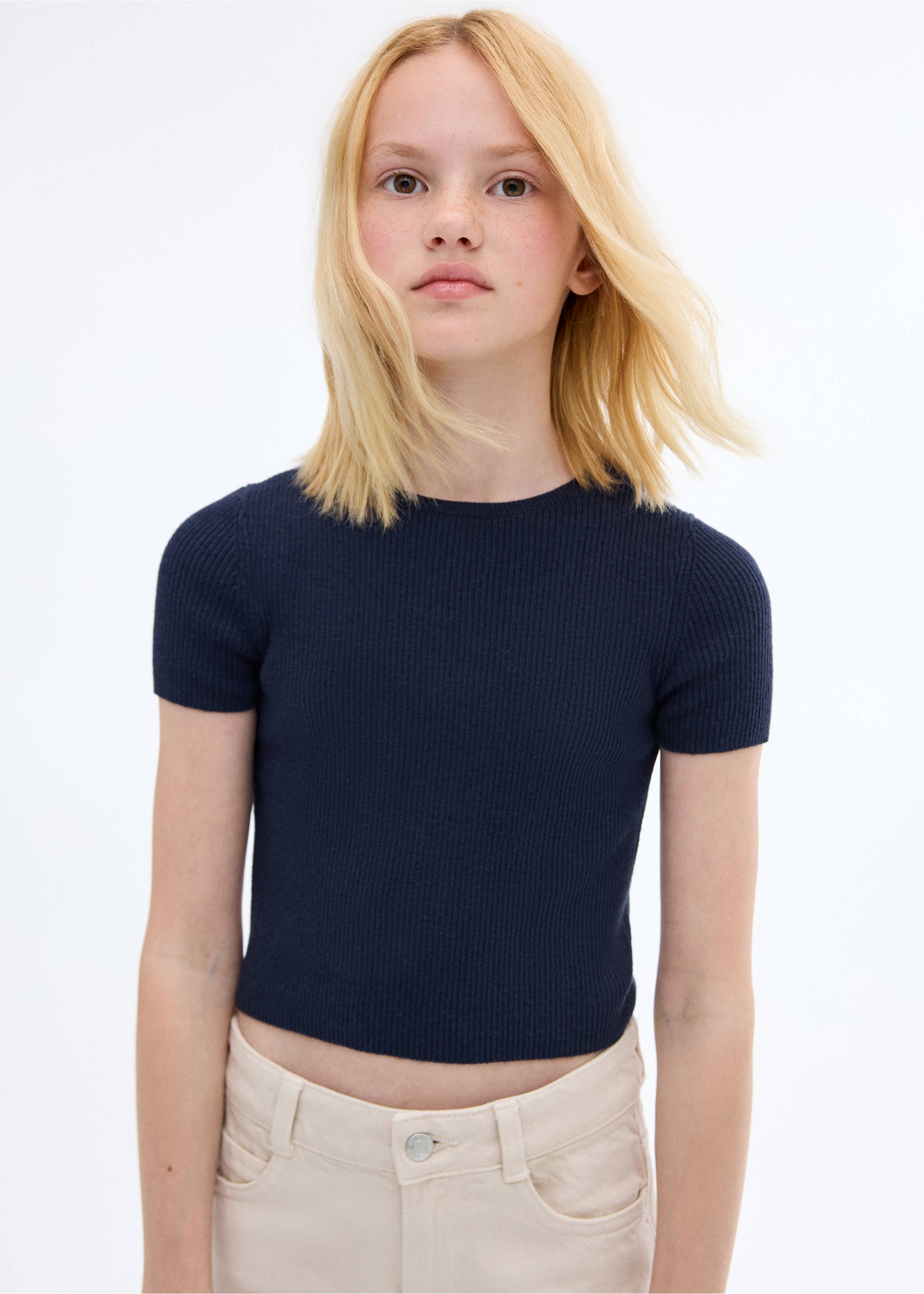 T-shirt maille côtelée - Plan moyen, Bleu marine. Ref: 17093279-00.