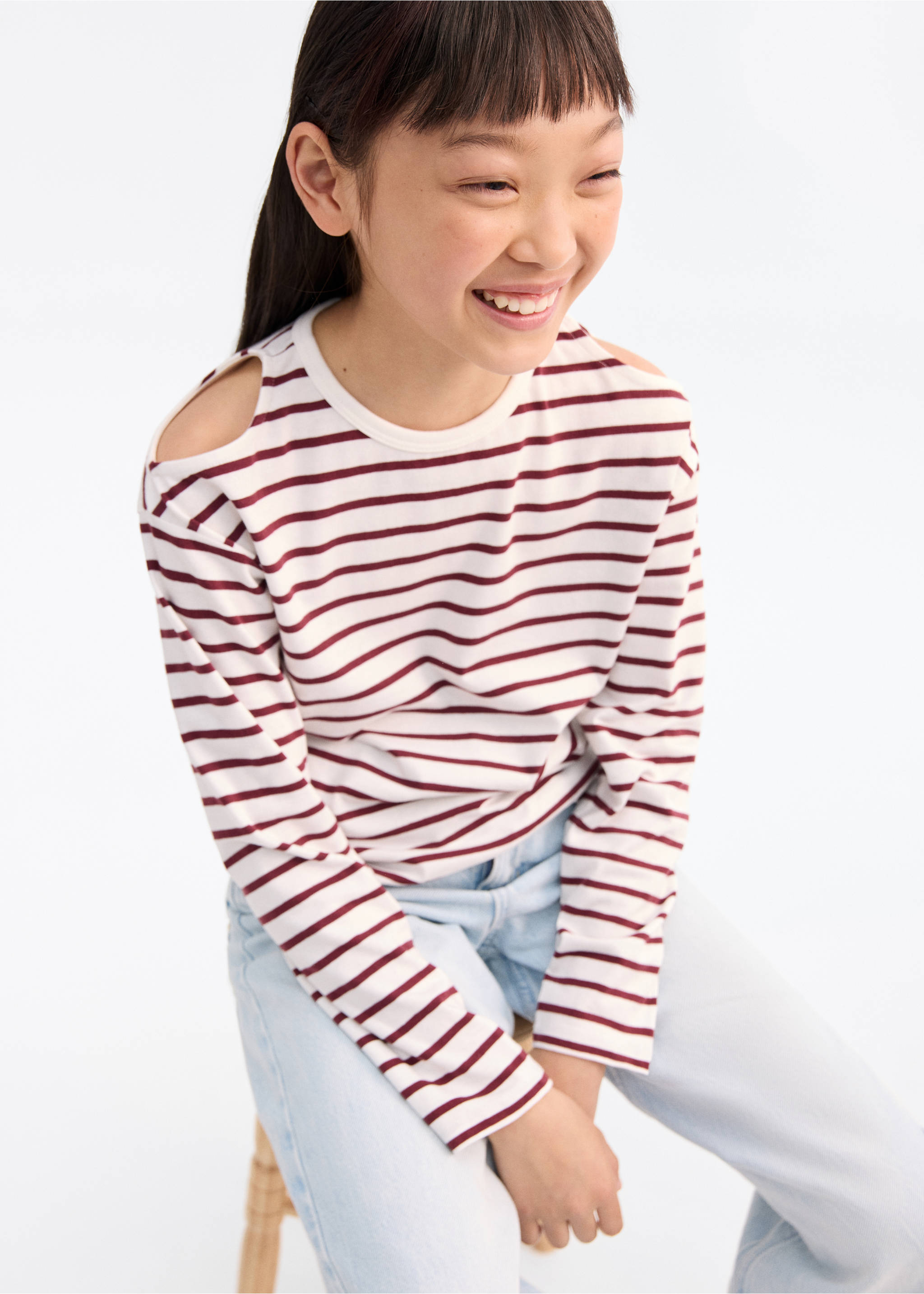 Striped t-shirt with cut-out - Details of the article 1, Maroon. Ref: 17093281-00.
