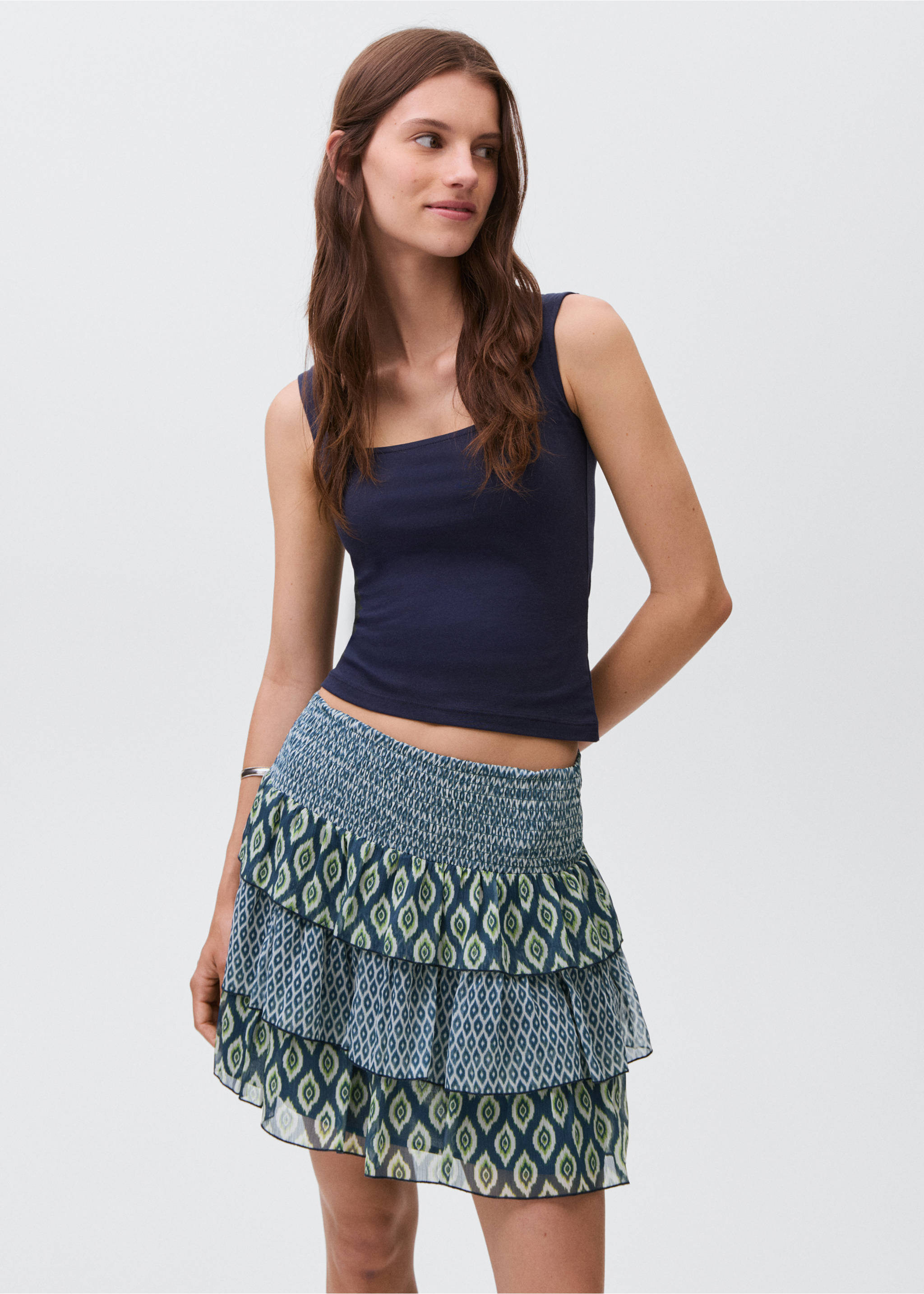 Printed ruffle skirt - Details of the article 1, Navy. Ref: 17093295-00.