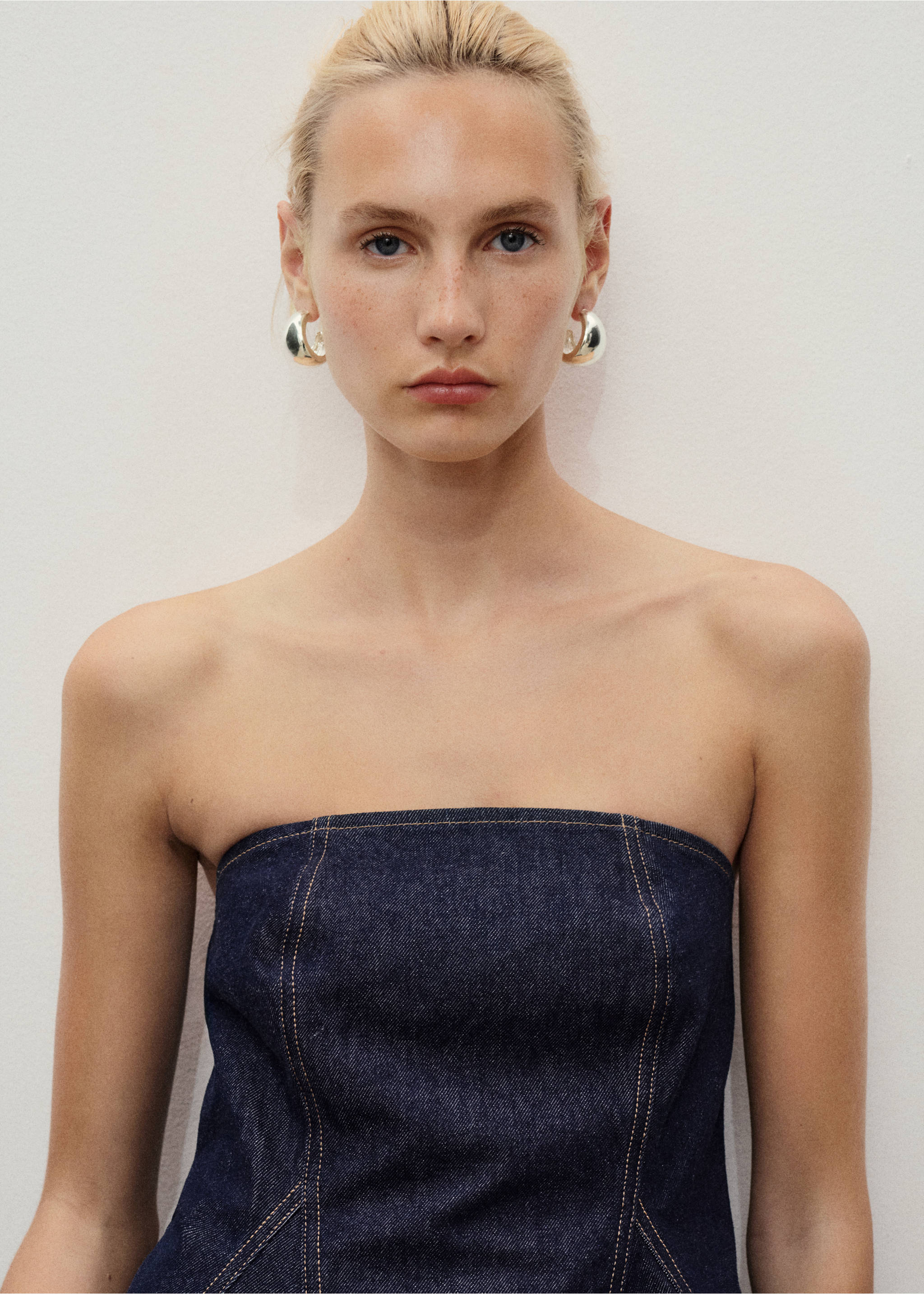 Denim peplum top - Details of the article 1, Open Blue. Ref: 17093324-00.