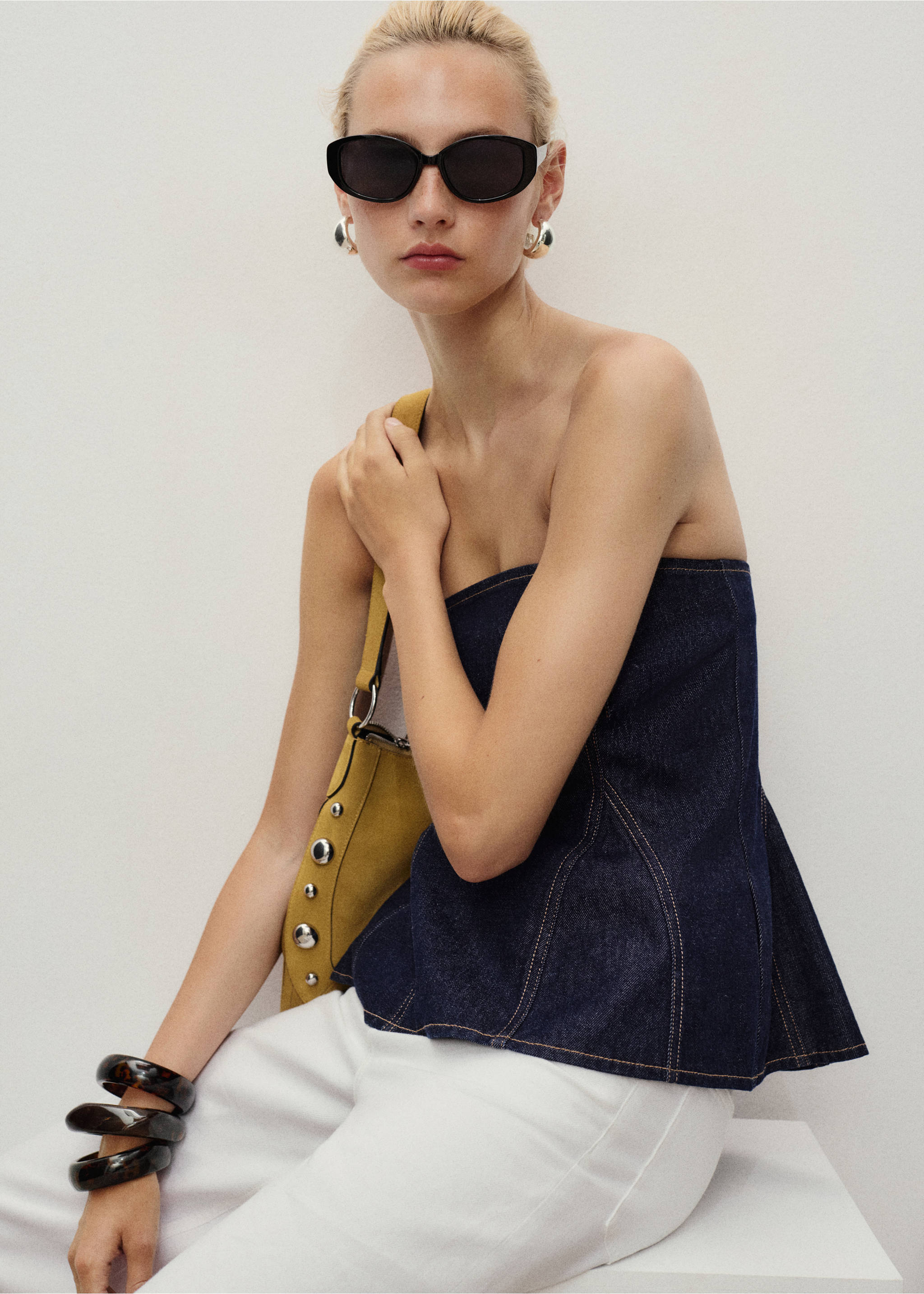 Denim peplum top - Details of the article 2, Open Blue. Ref: 17093324-00.