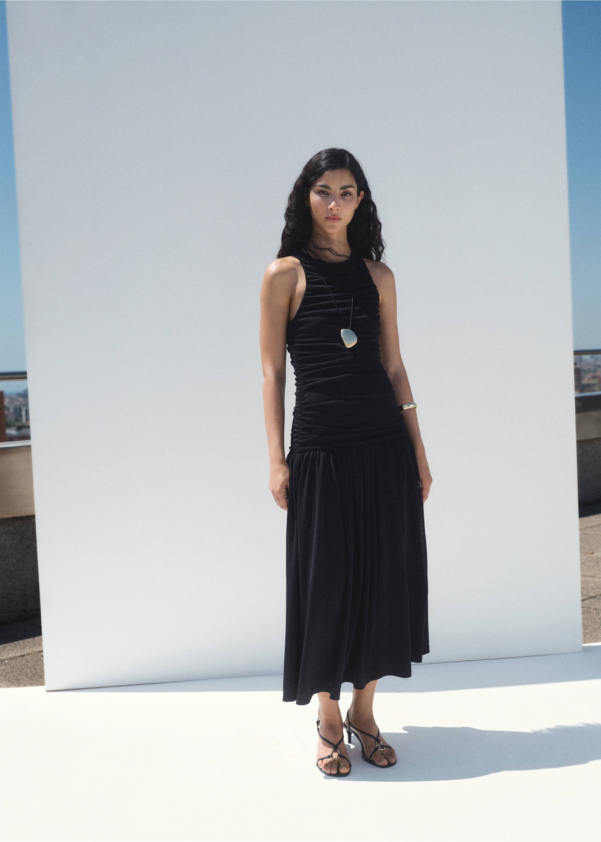 Gathered midi-dress - General plane, Black. Ref: 17093330-00.