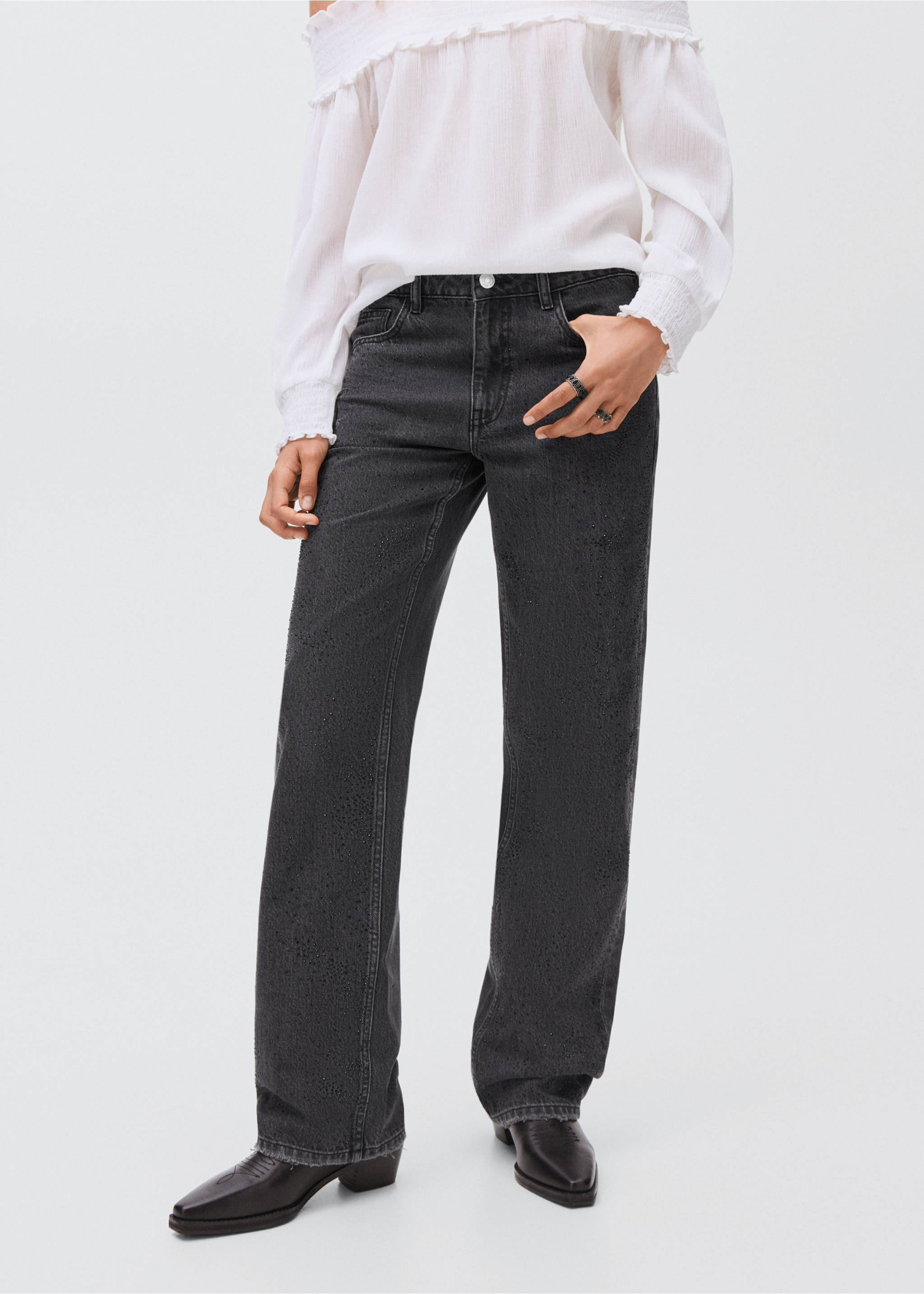 Straight-fit jeans with rhinestones - Medium plane, Black denim. Ref: 17093794-00.