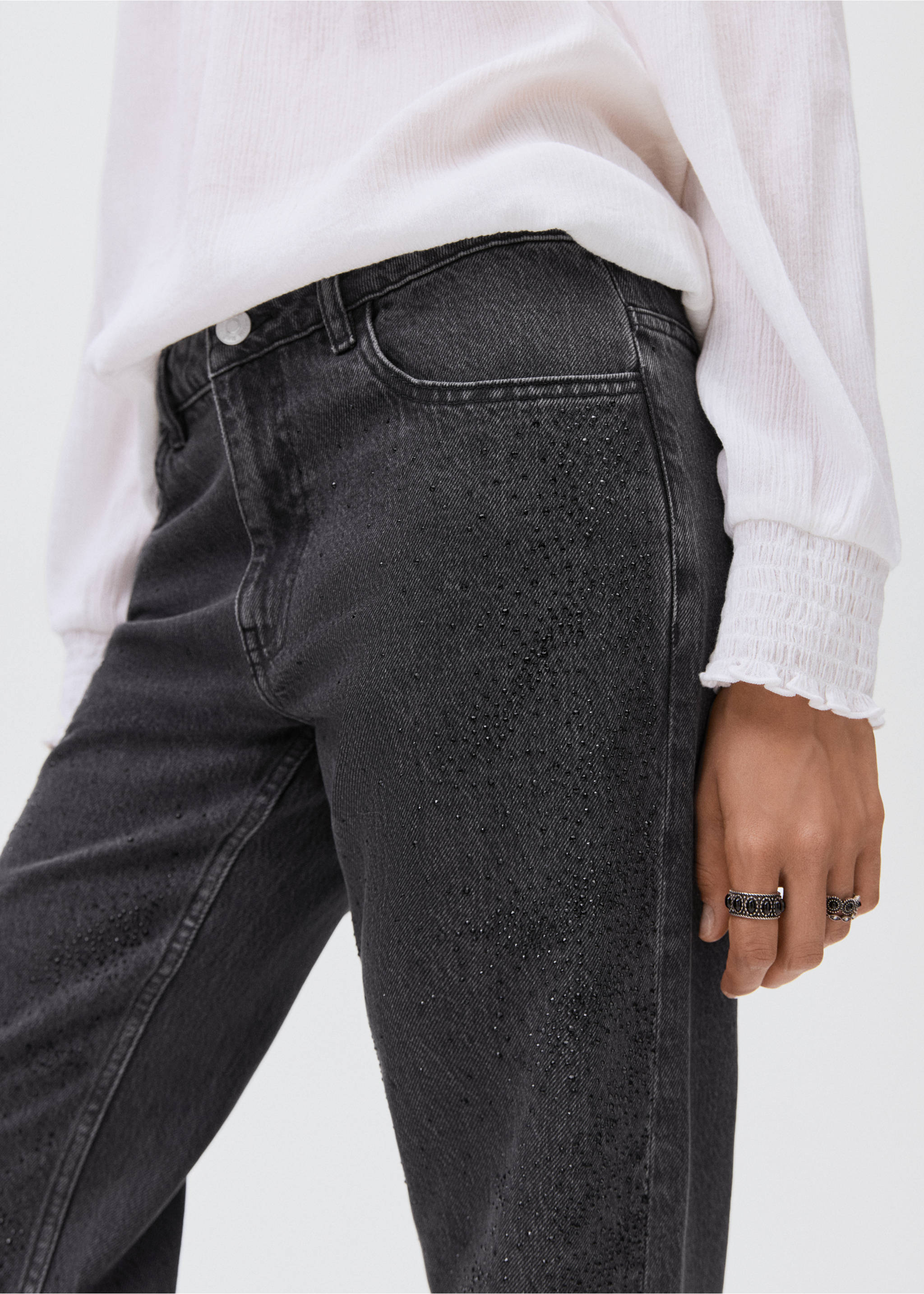 Straight-fit jeans with rhinestones - Details of the article 1, Black denim. Ref: 17093794-00.