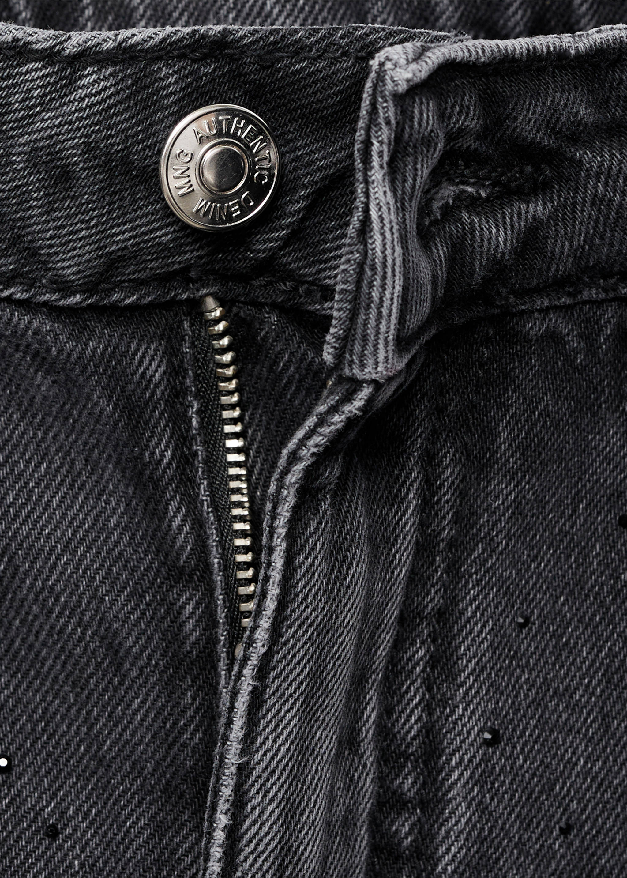 Straight-fit jeans with rhinestones - Details of the article 8, Black denim. Ref: 17093794-00.