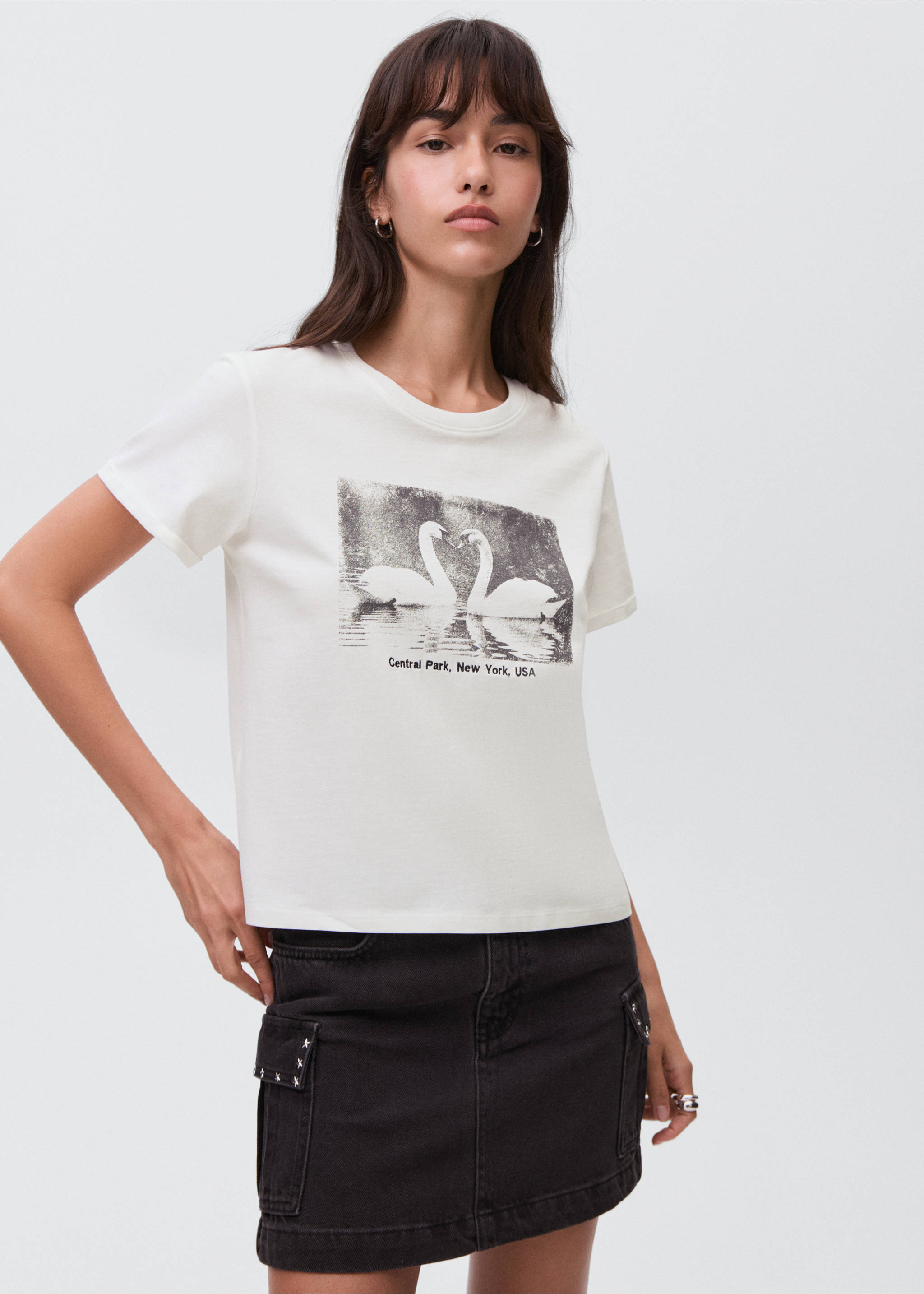 Cotton t-shirt with swan pattern - Medium plane, Off White. Ref: 17094071-00.
