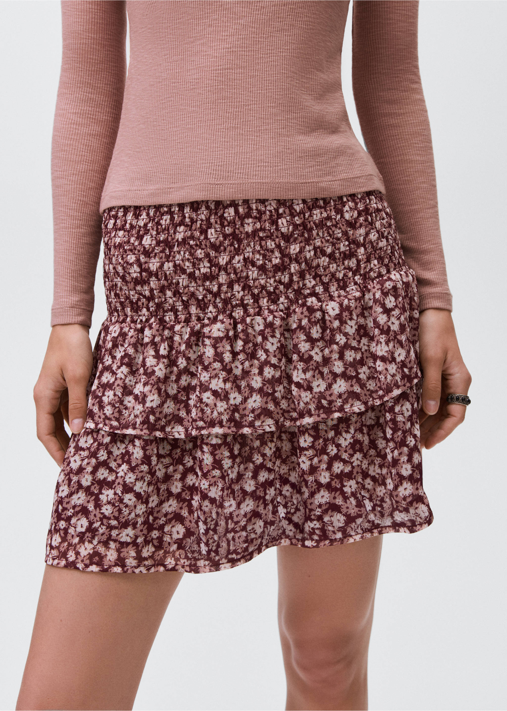 Printed ruffle skirt - Details of the article 1, Maroon. Ref: 17094077-00.