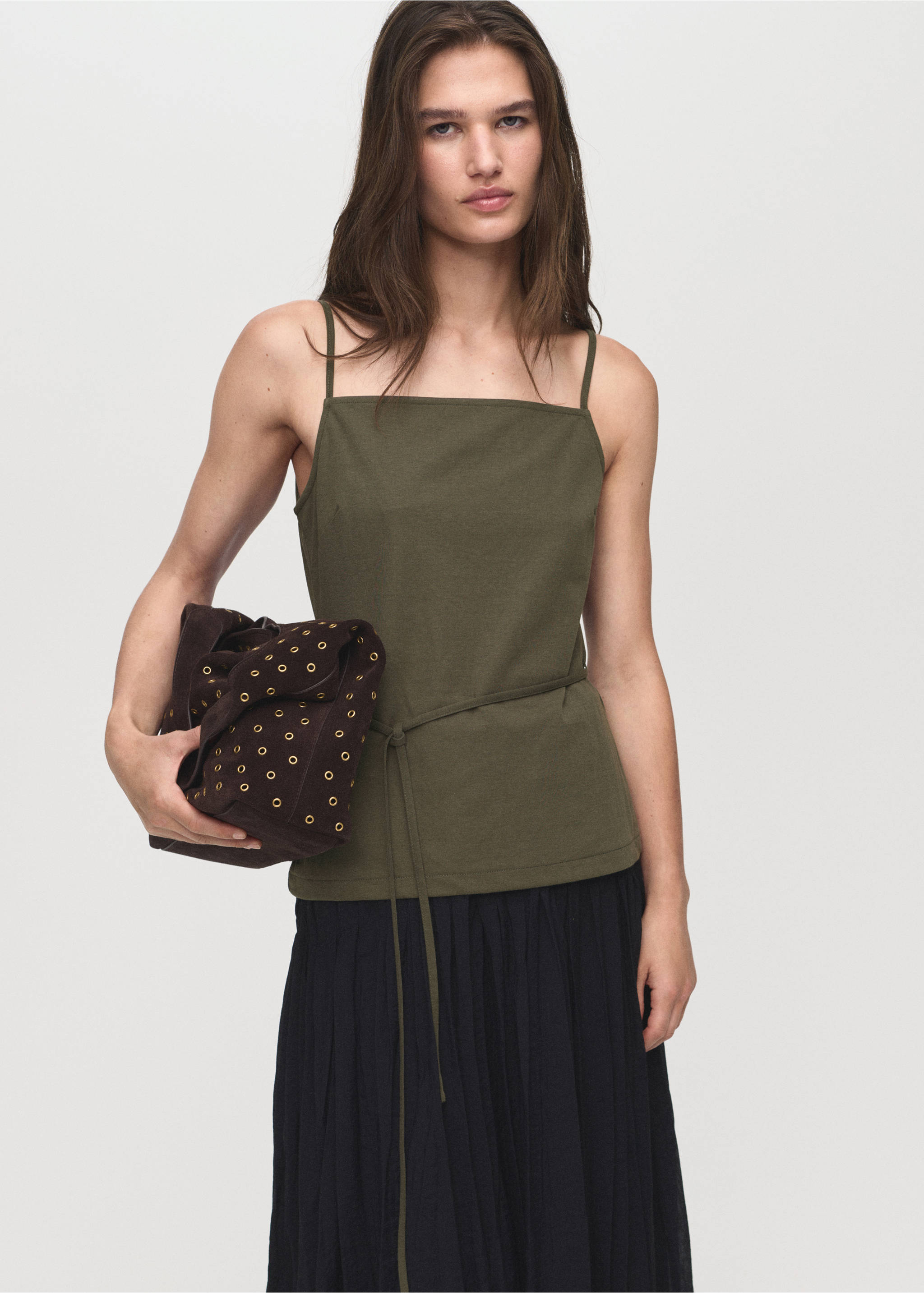 Cotton top with waist tie - Details of the article 2, Khaki. Ref: 17094080-00.