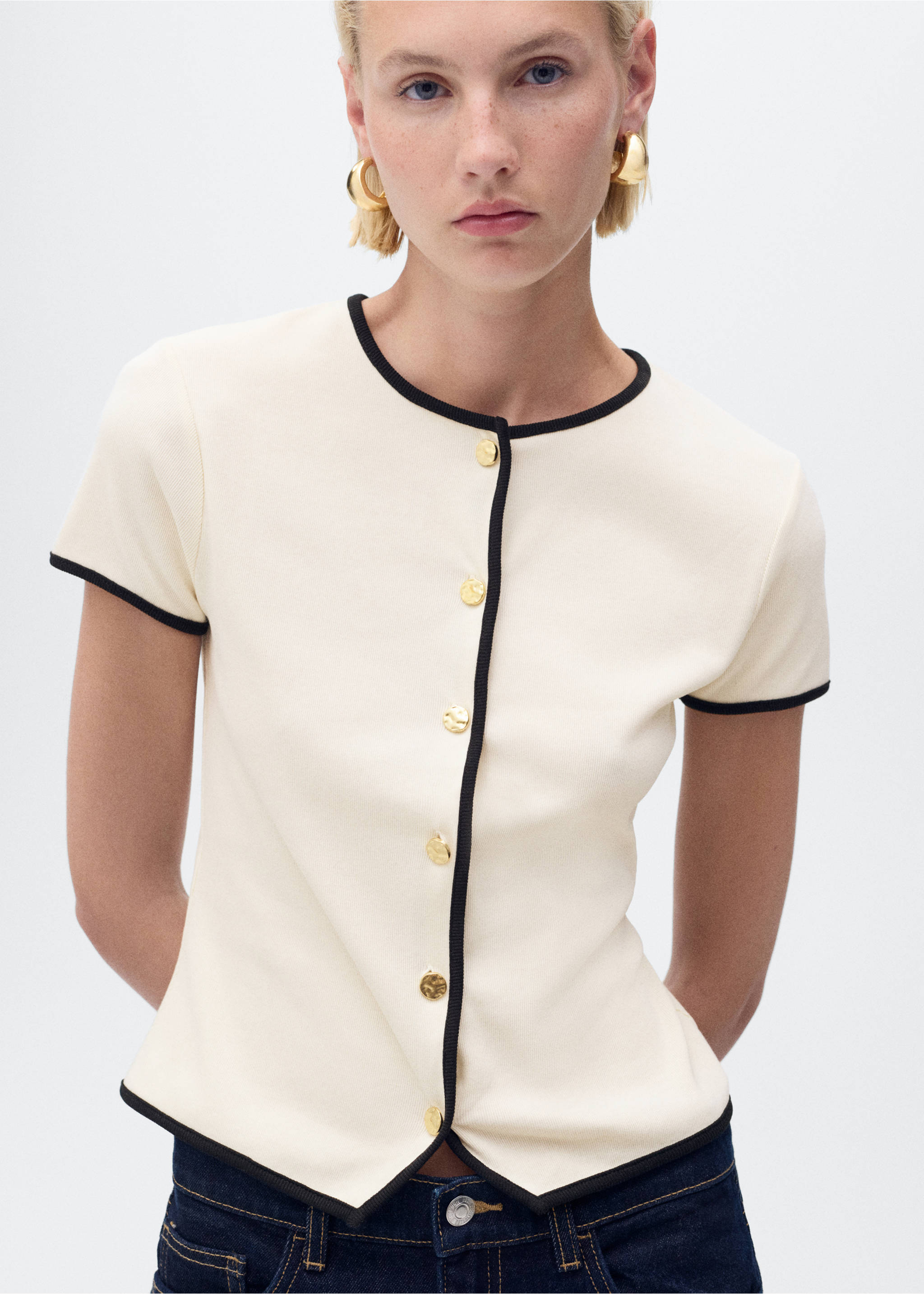 Cotton t-shirt with contrasting trim - Medium plane, Ecru. Ref: 17094083-00.