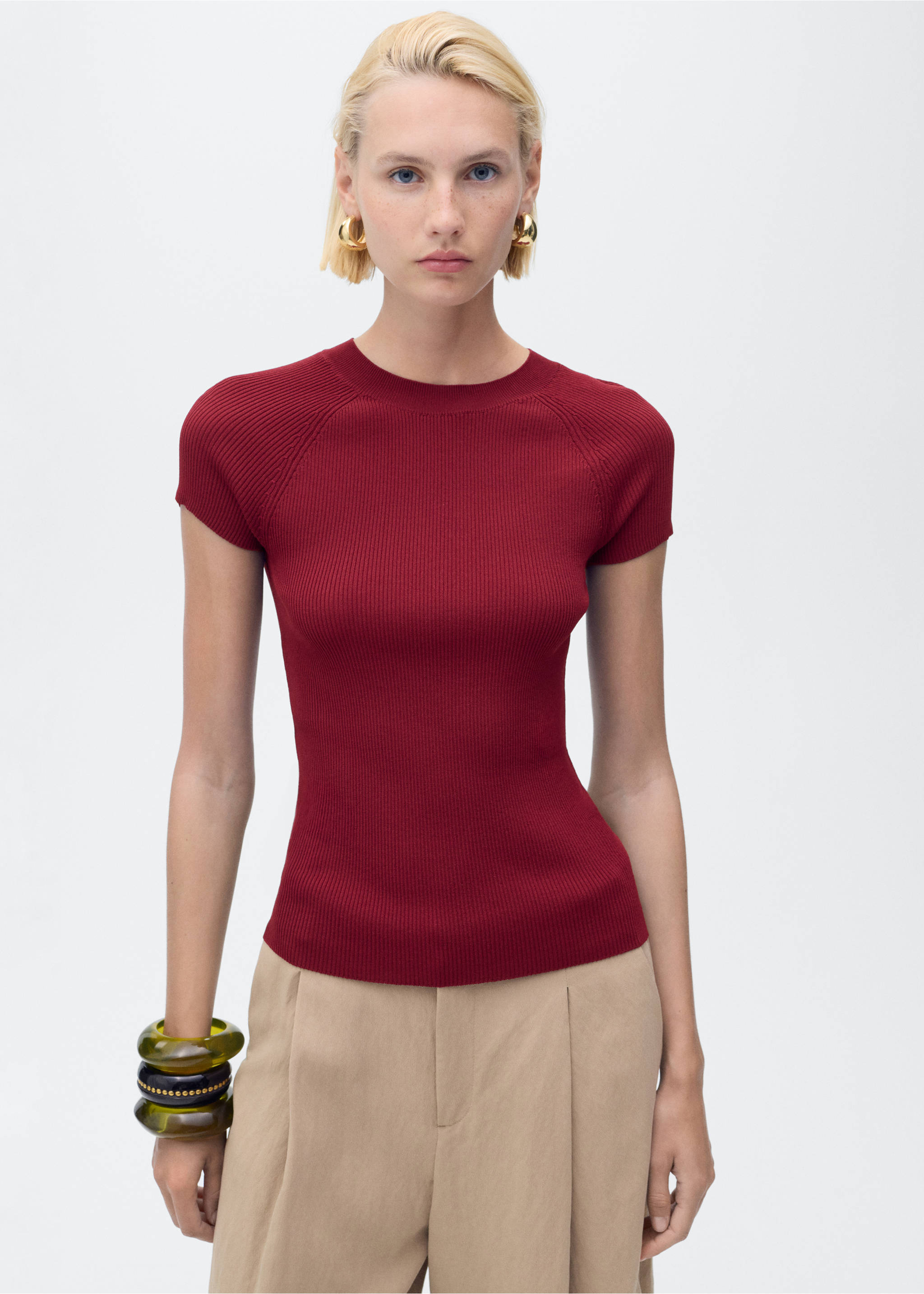 Jersei punt canalé màniga curta - Pla mig, Vermell. Ref: 17094097-00.