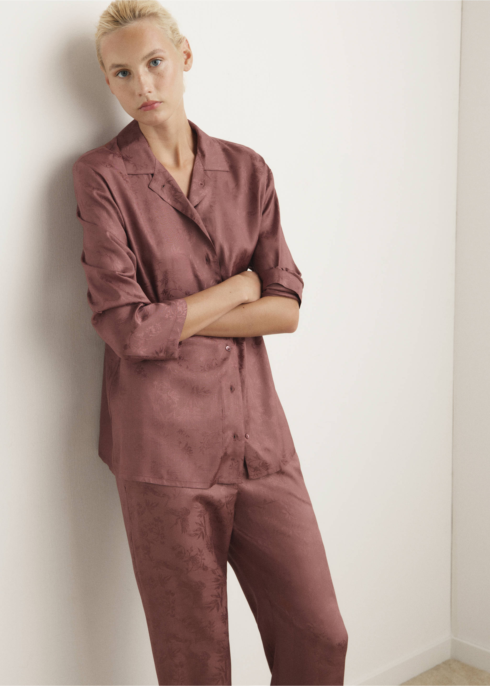Jacquard satin pyjama shirt - Medium plane, Brown. Ref: 17094106-00.