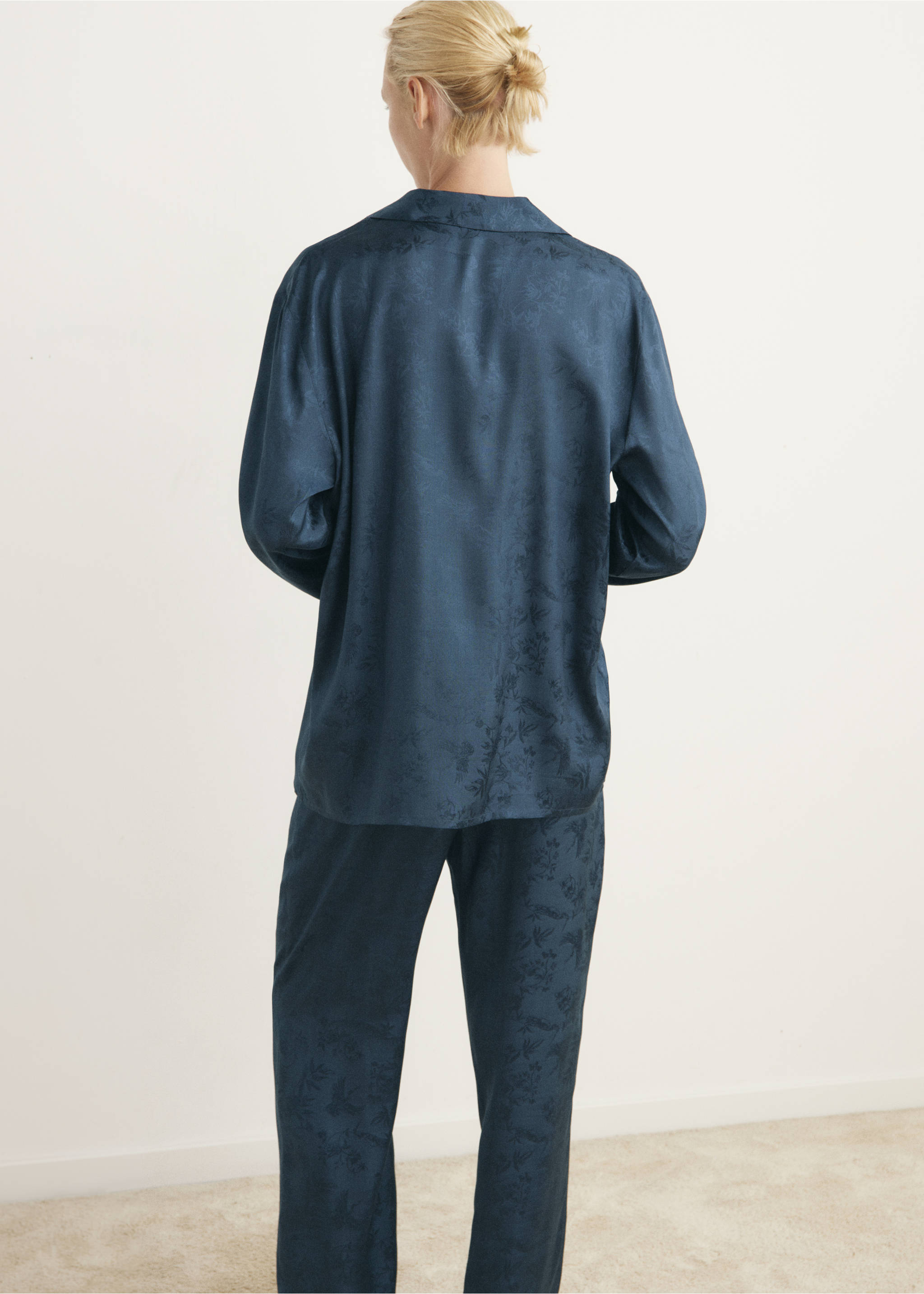 Jacquard satin pyjama shirt - Reverse of the article, Night Blue. Ref: 17094106-00.