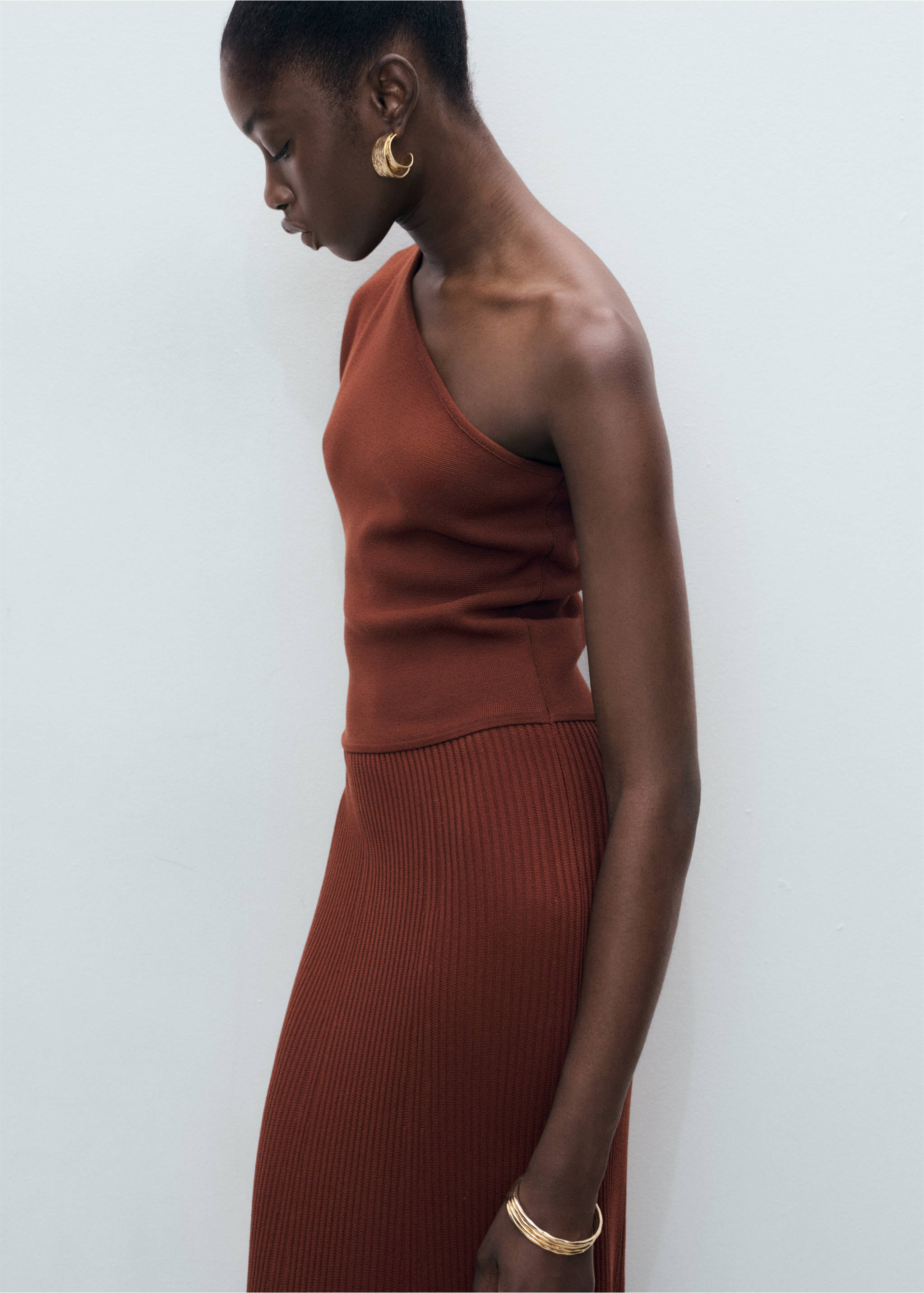 Asymmetrical combined-knit dress - Medium plane, Russet. Ref: 17094139-00.