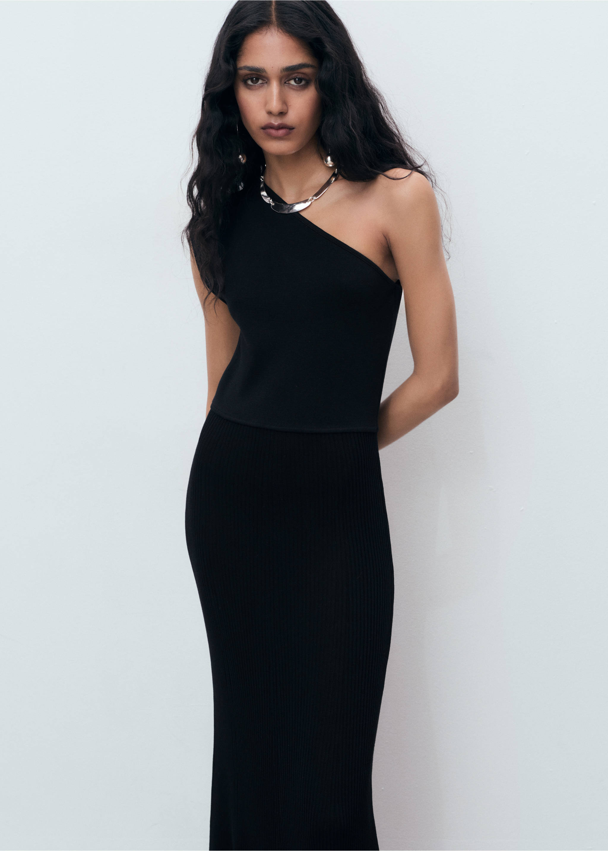 Asymmetrical combined-knit dress - Medium plane, Black. Ref: 17094139-00.
