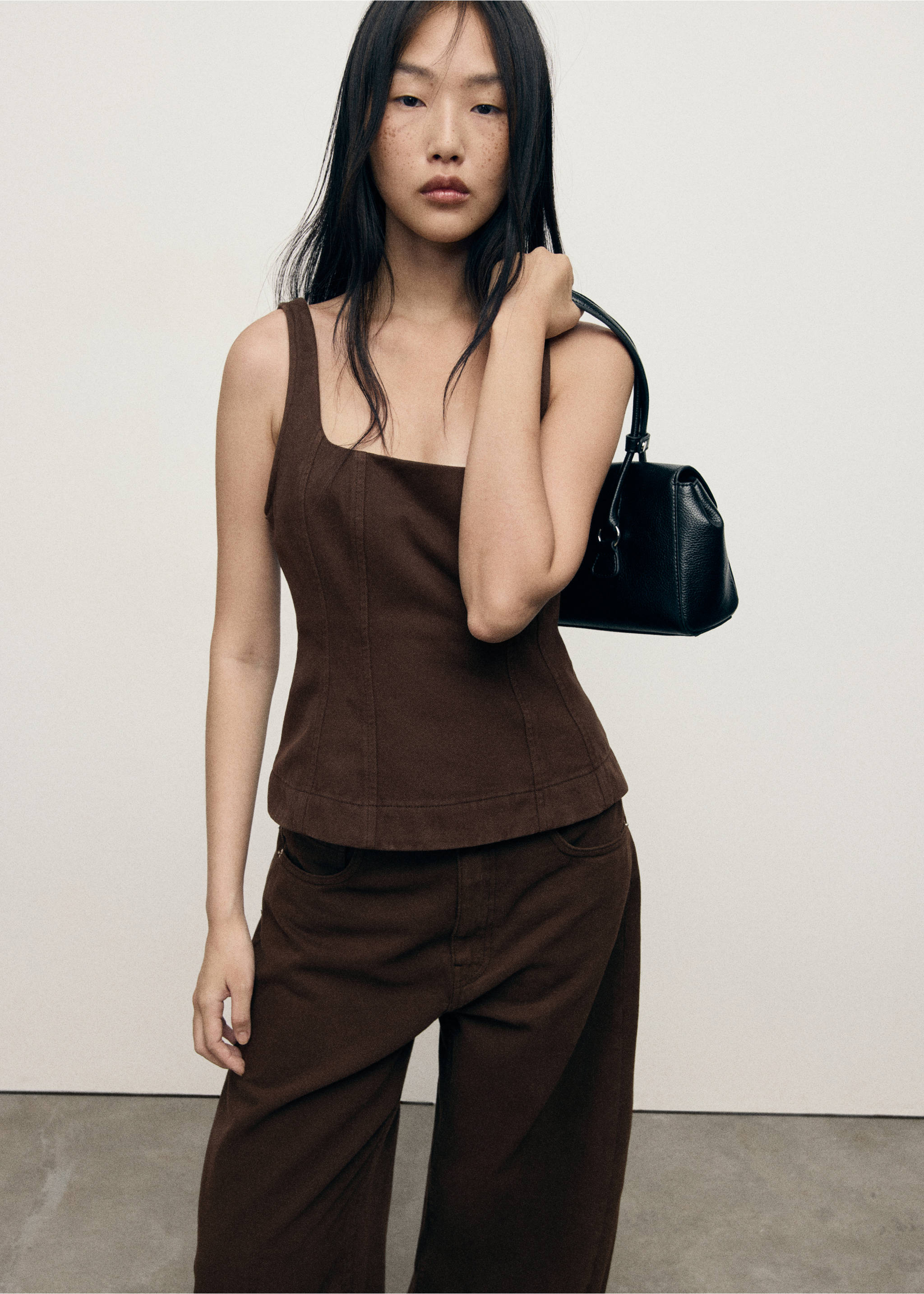Top denim evasé - Plano medio, Chocolate. Ref: 17094140-00.