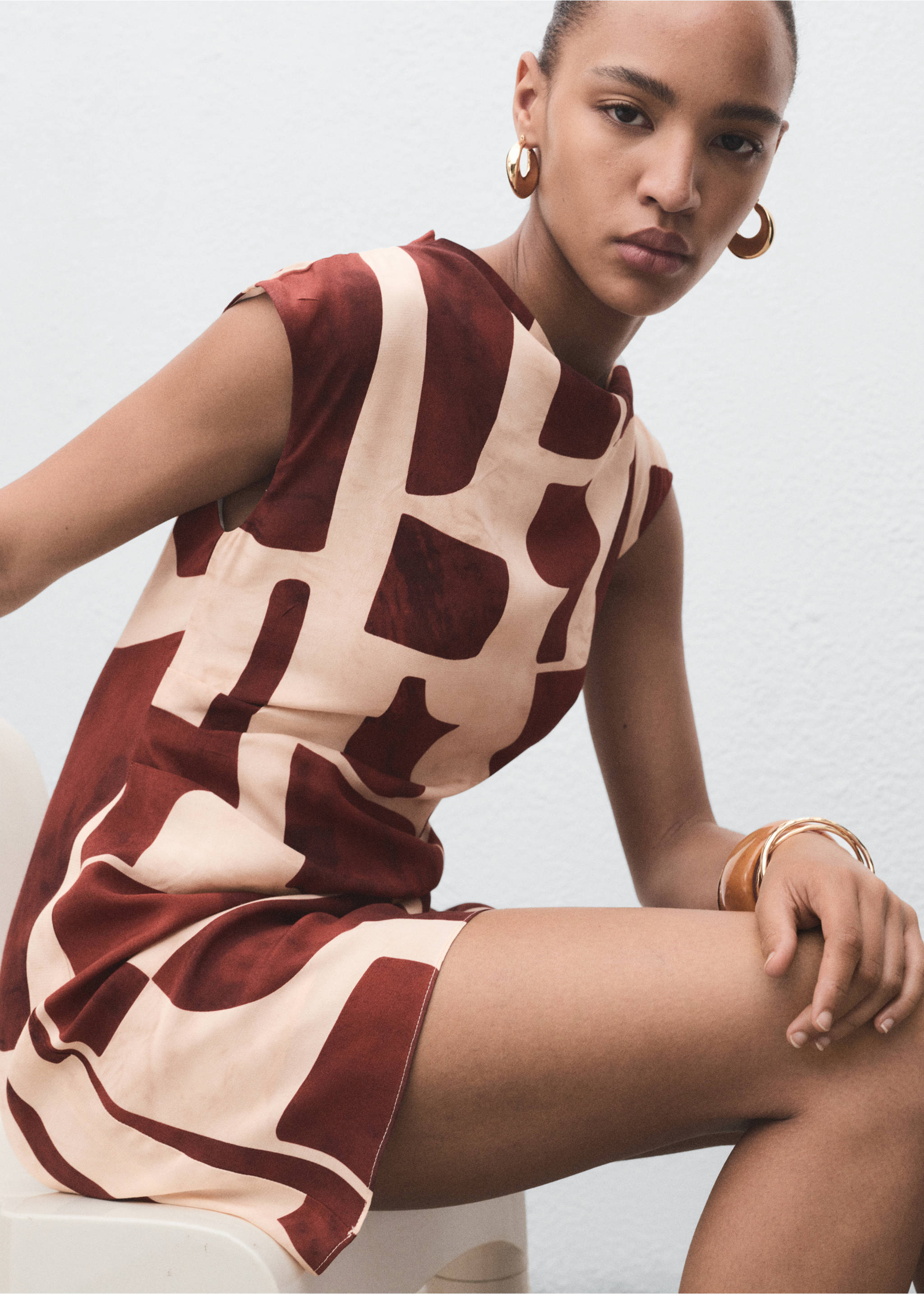 Draped neck printed dress - Details of the article 3, Ecru. Ref: 17094146-00.