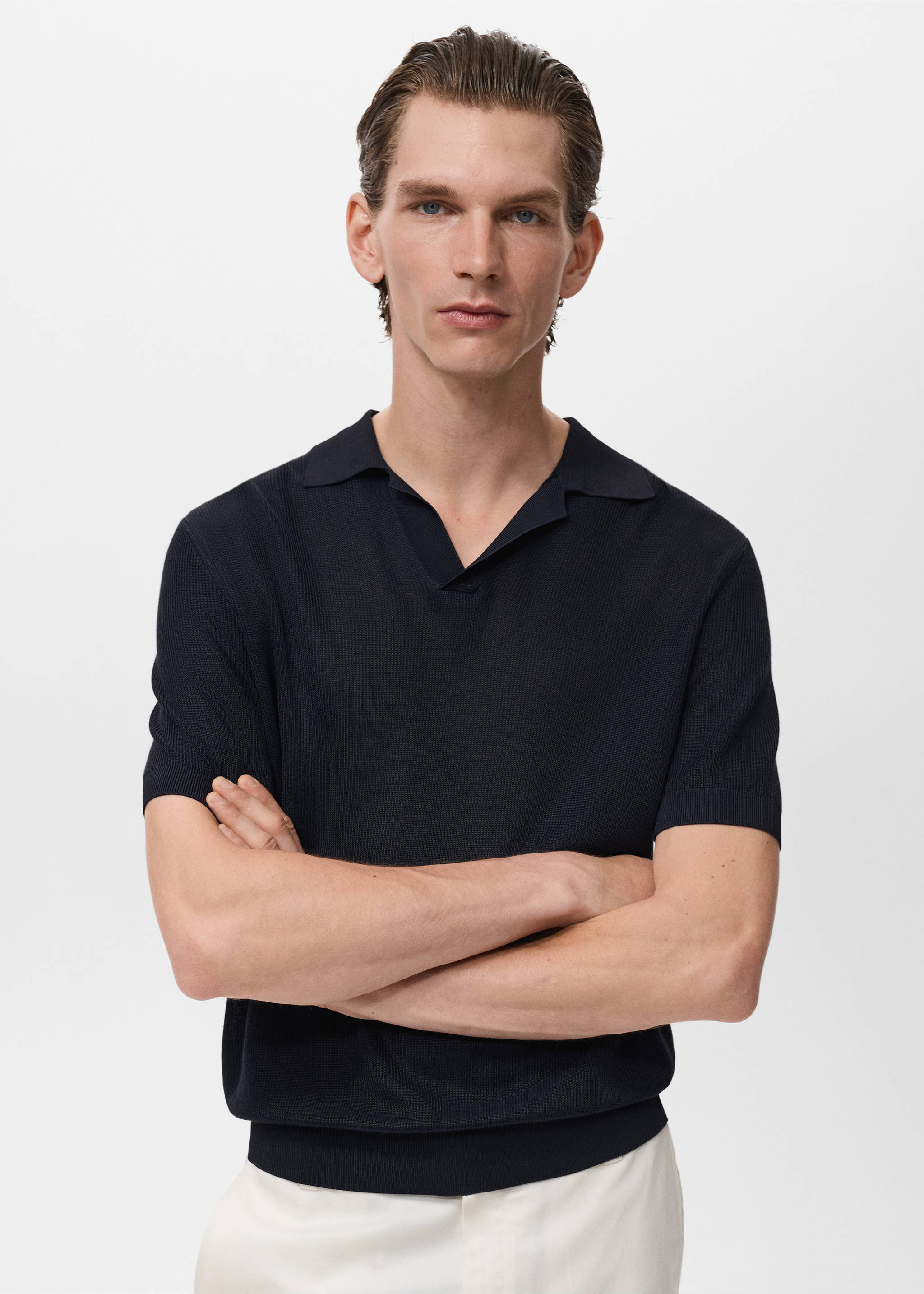 Poloshirt aus Baumwolle mit Mikrostruktur - Mittlere Ansicht, Petrolblau. Ref: 17094423-00.