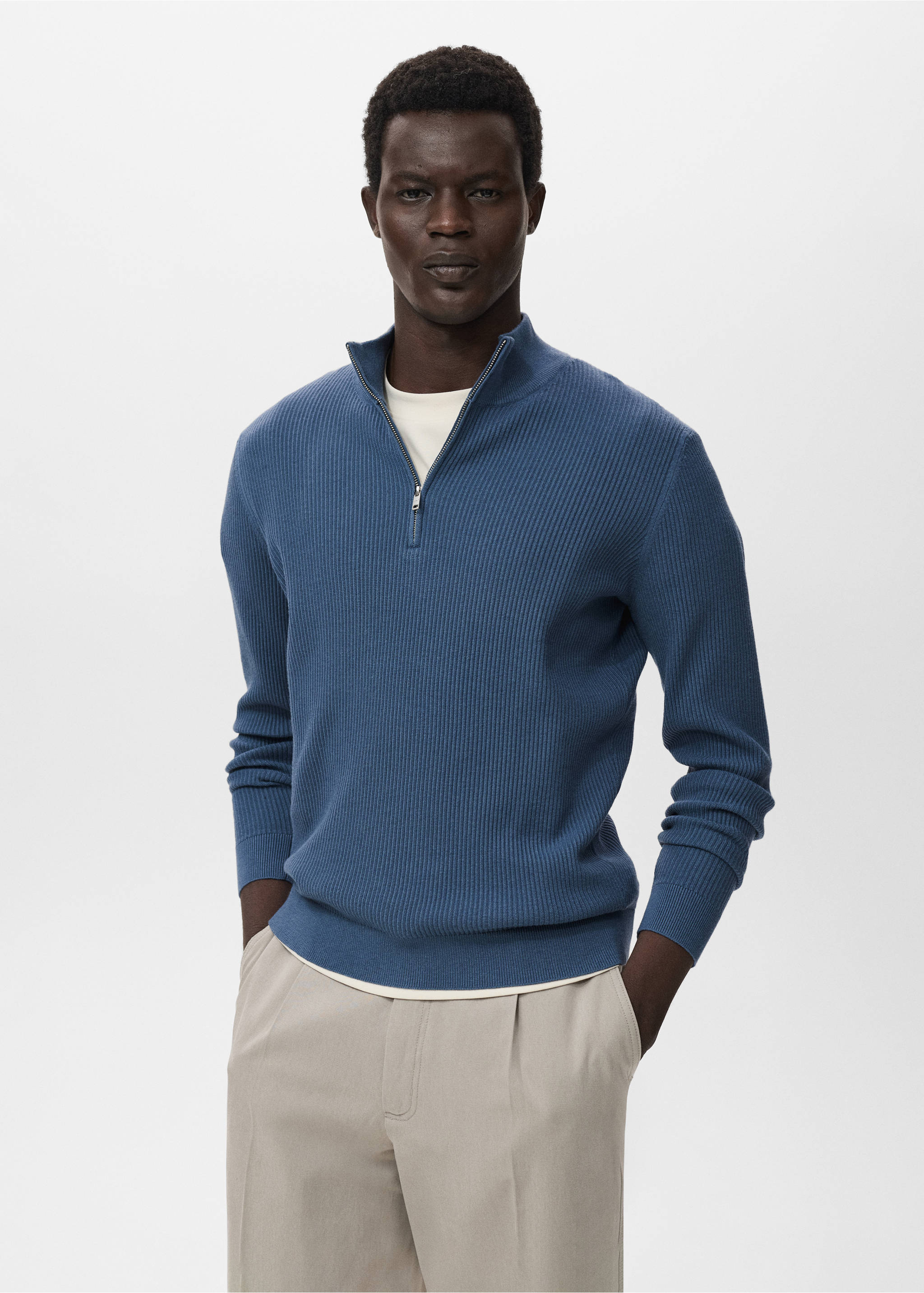 Ribbed sweater with zip neck - Medium plane, Indigo Blue. Ref: 17094427-00.