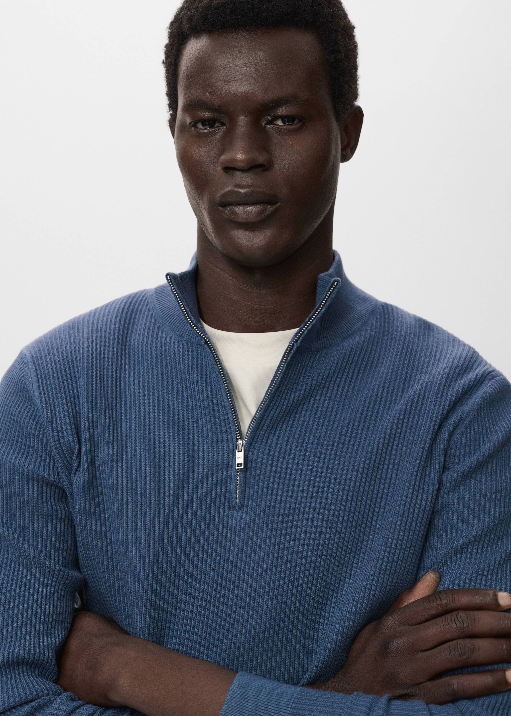 Ribbed sweater with zip neck - Details of the article 1, Indigo Blue. Ref: 17094427-00.