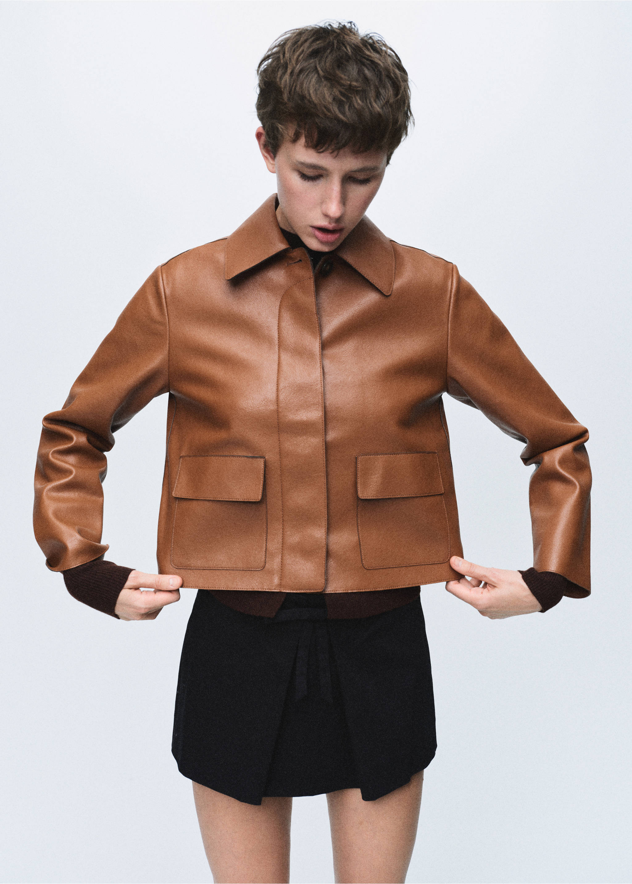 Faux-leather jacket with pockets - Medium plane, Medium Brown. Ref: 17094433-00.