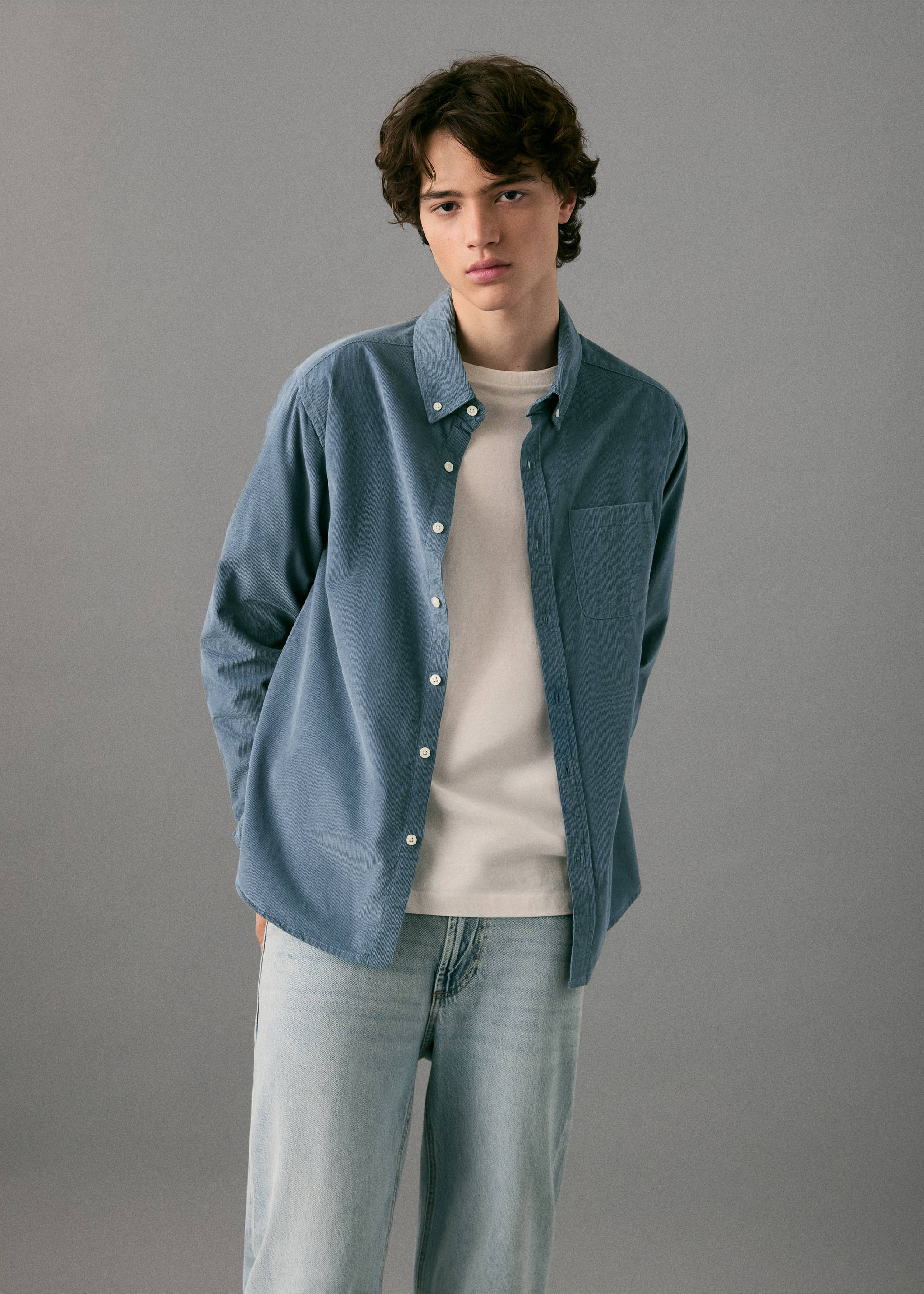 Camicia velluto a coste cotone - Piano medio, Celeste. Ref: 17094435-00.