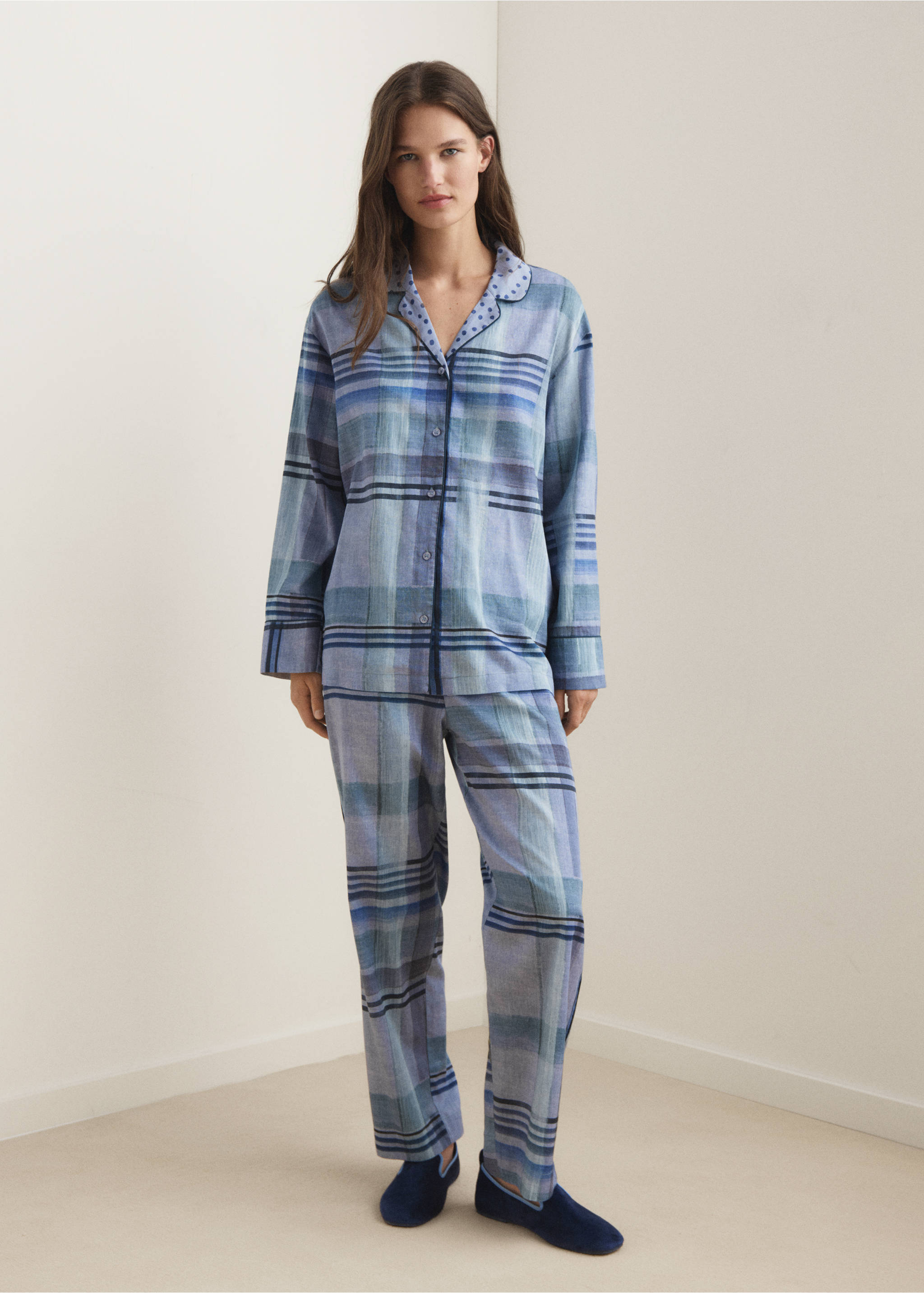Pantalon pyjama imprimé passepoil - Plan général, Bleu encre. Ref: 17094436-00.
