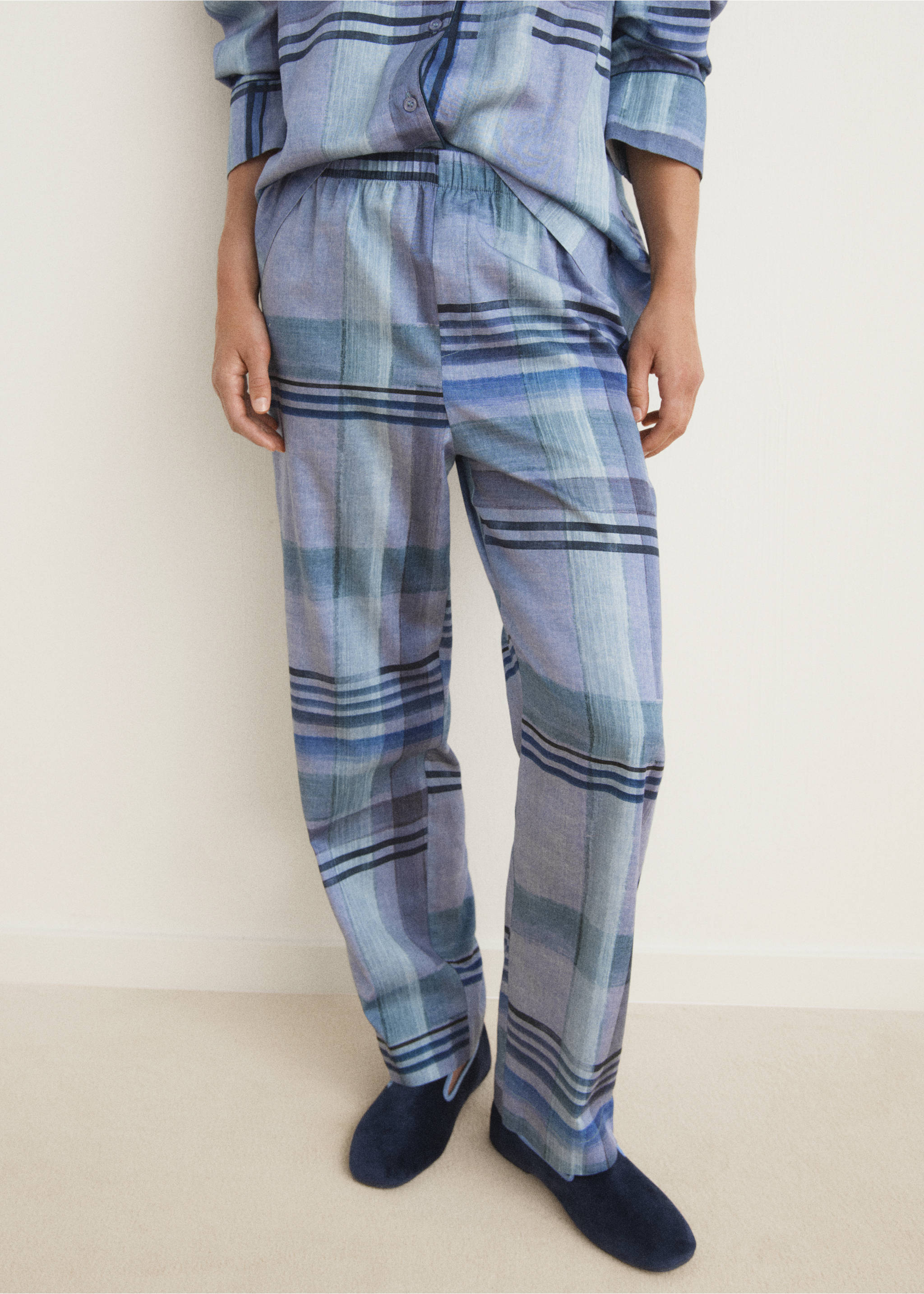Pantalon pyjama imprimé passepoil - Plan moyen, Bleu encre. Ref: 17094436-00.
