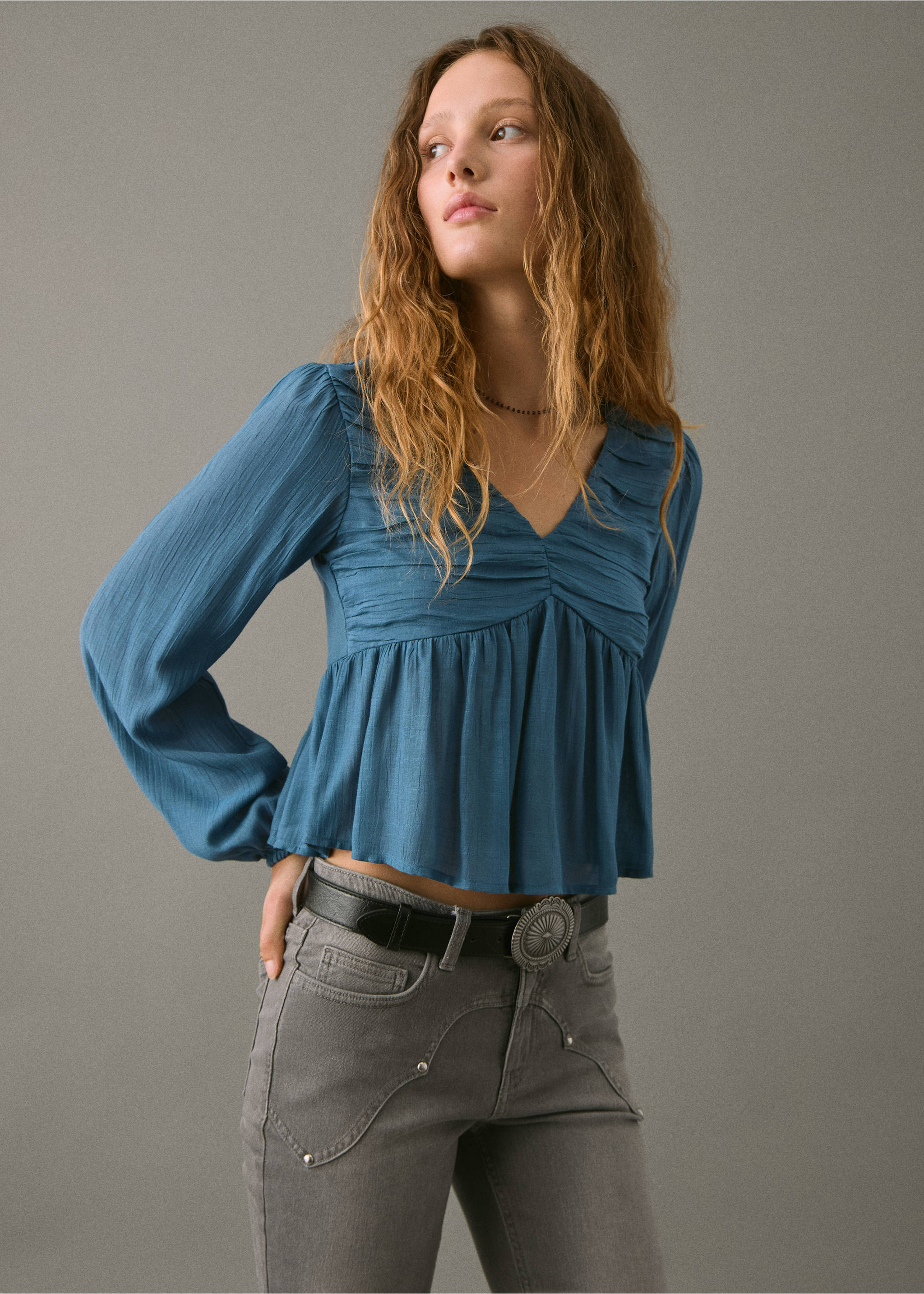 Ruched flowing blouse - Medium plane, Petrol Blue. Ref: 17094774-00.