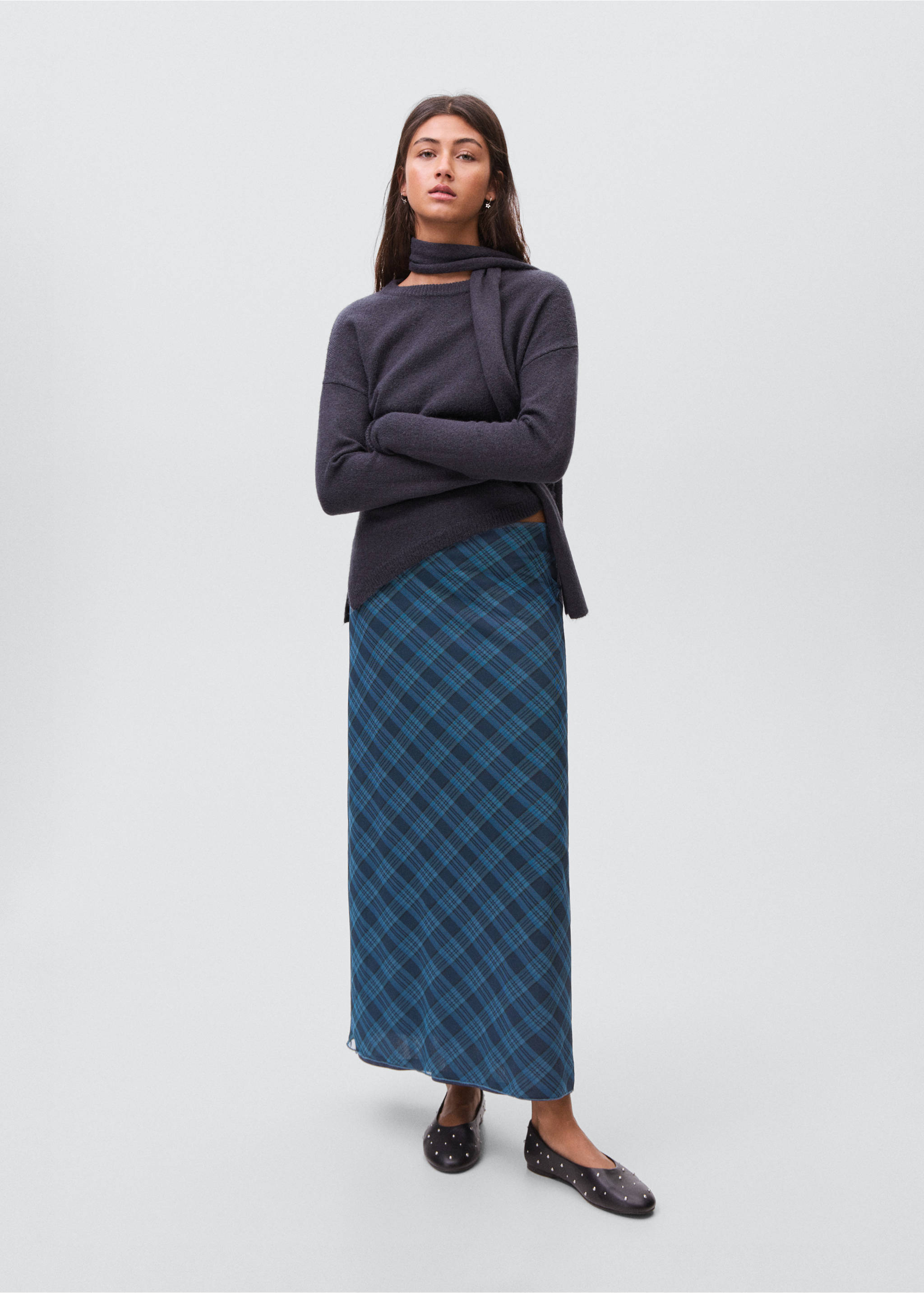 Checked long skirt - General plane, Dark Navy. Ref: 17094781-00.