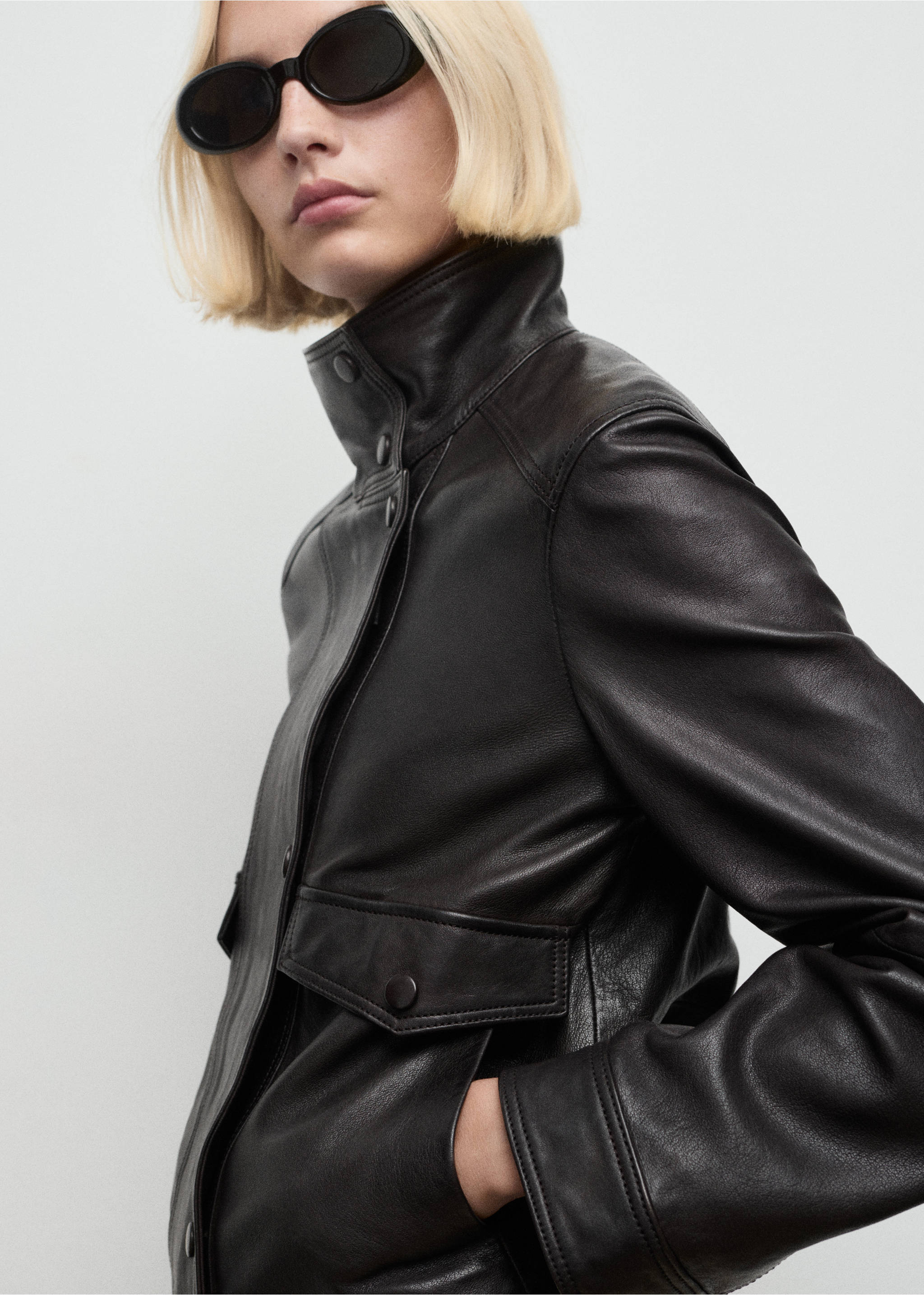 High-neck leather jacket - Medium plane, Brown. Ref: 17095786-00.