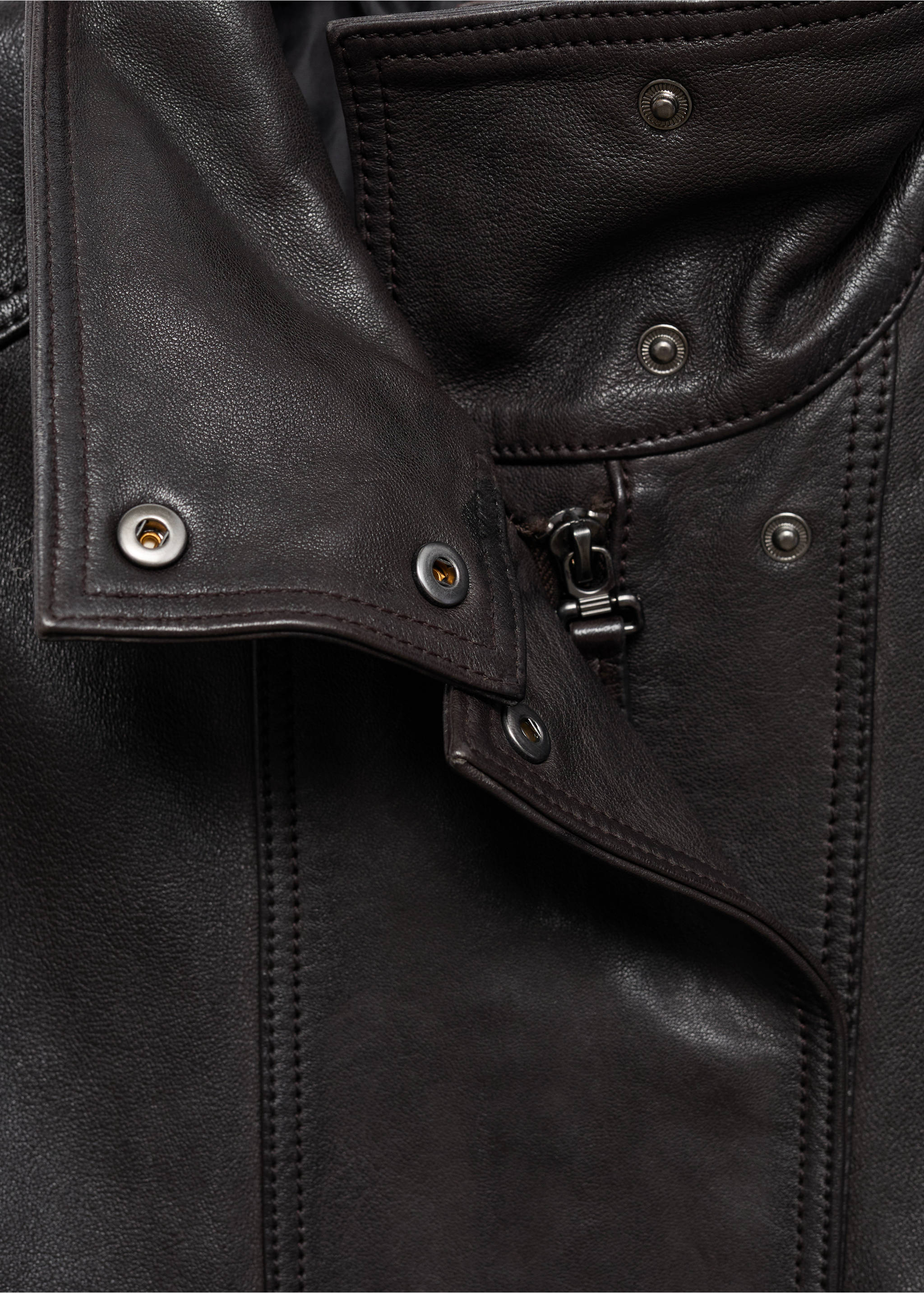 High-neck leather jacket - Details of the article 8, Brown. Ref: 17095786-00.