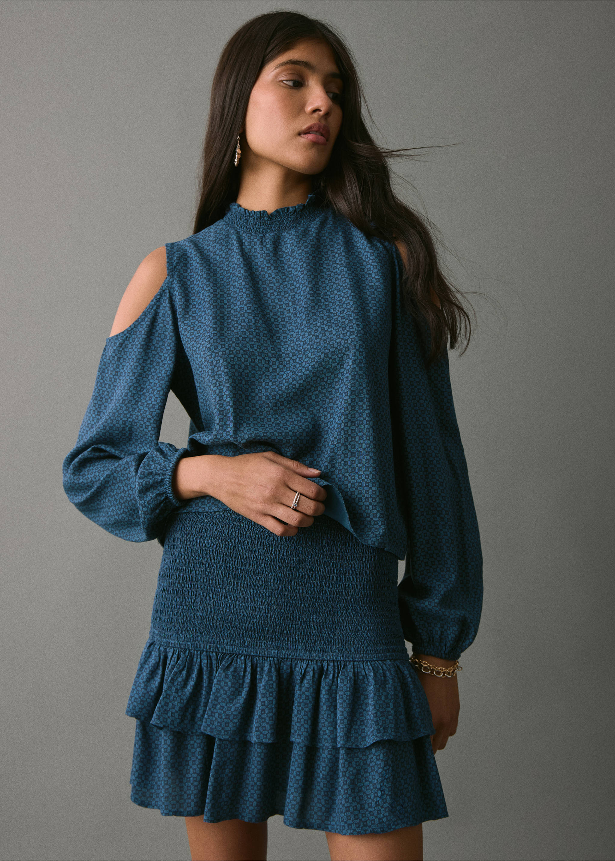 Gathered skirt with ruffles - Medium plane, Navy. Ref: 17095790-00.