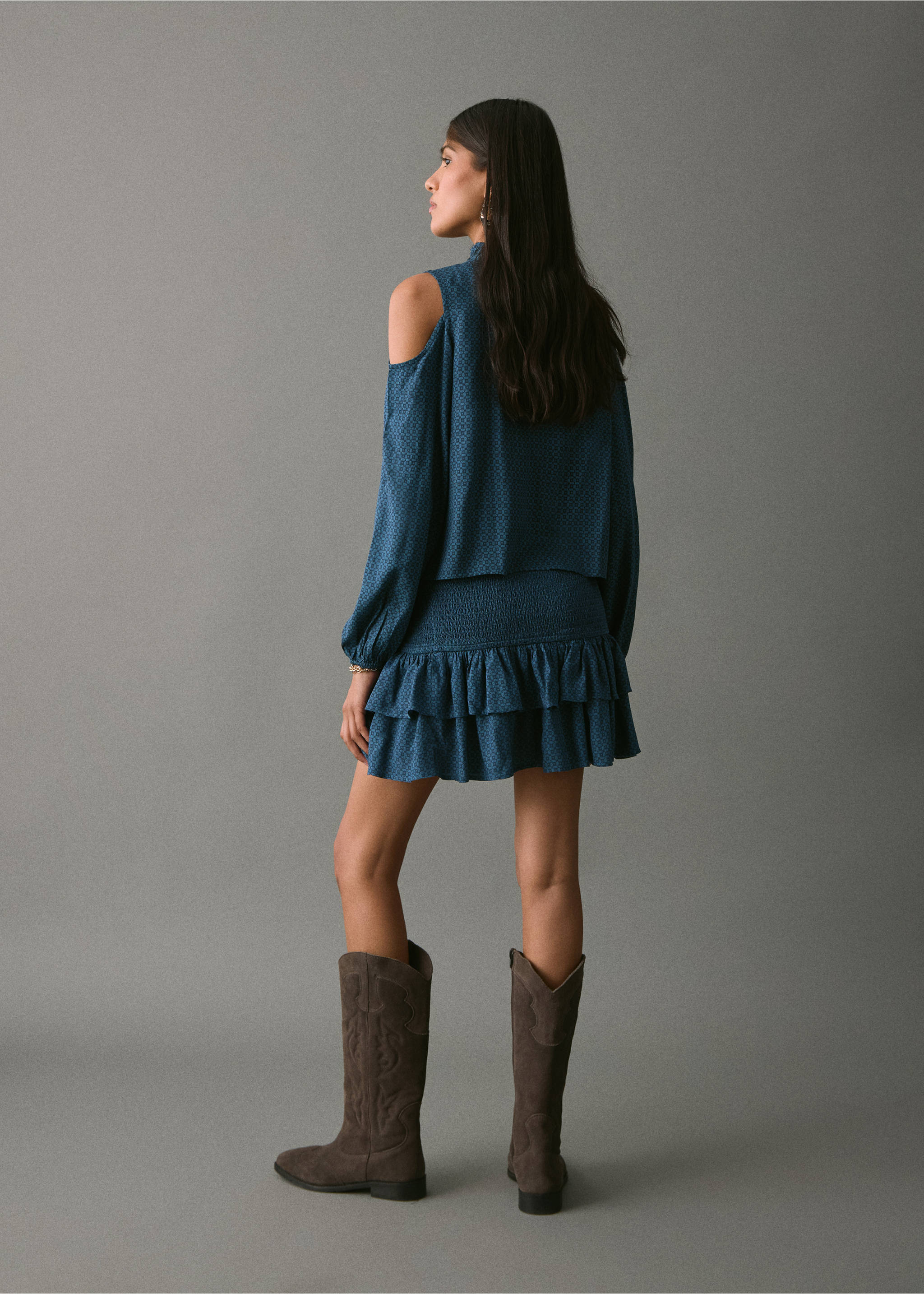 Gathered skirt with ruffles - Reverse of the article, Navy. Ref: 17095790-00.