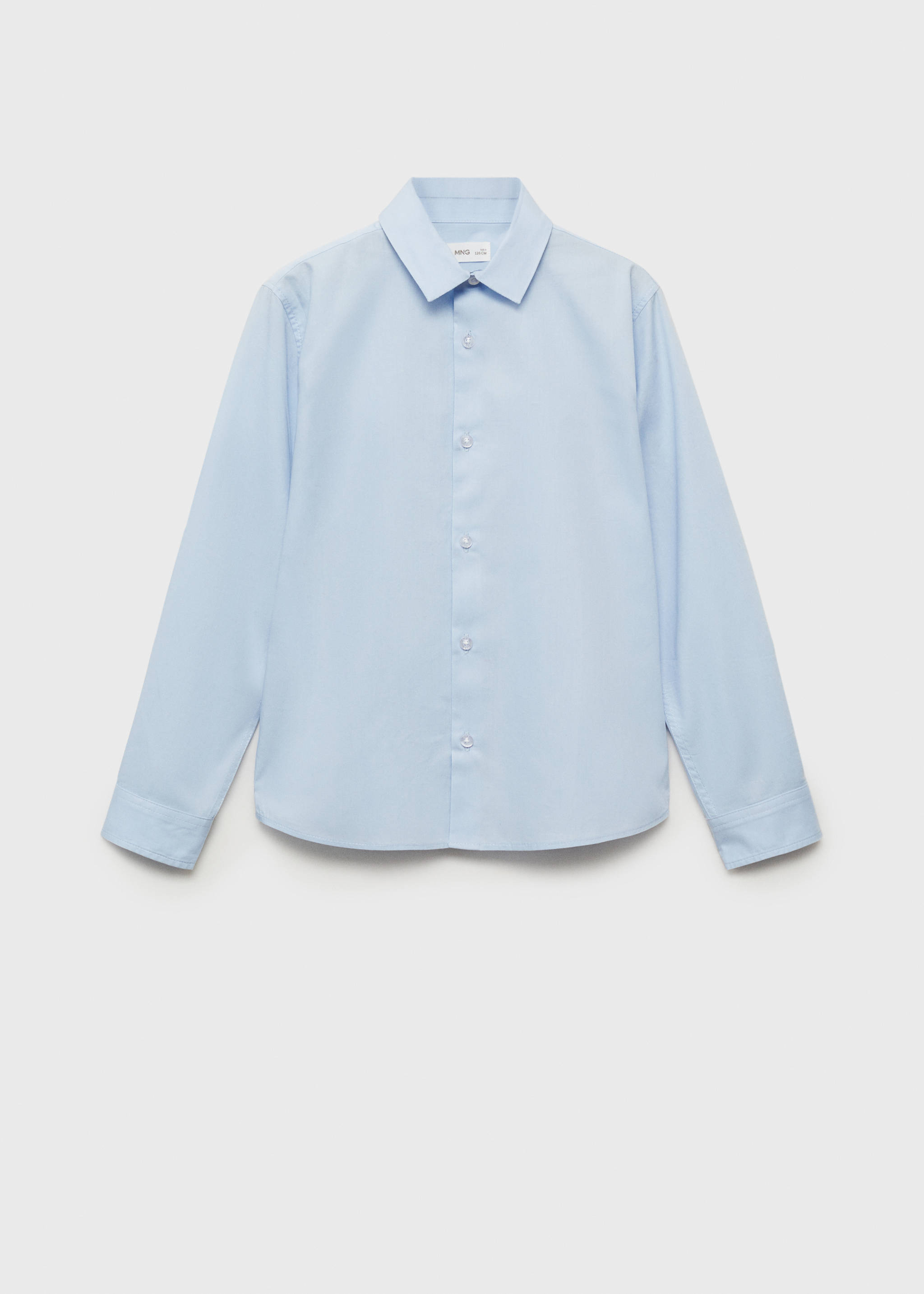Light blue long-sleeved kids' shirt with a collar and button placket.
