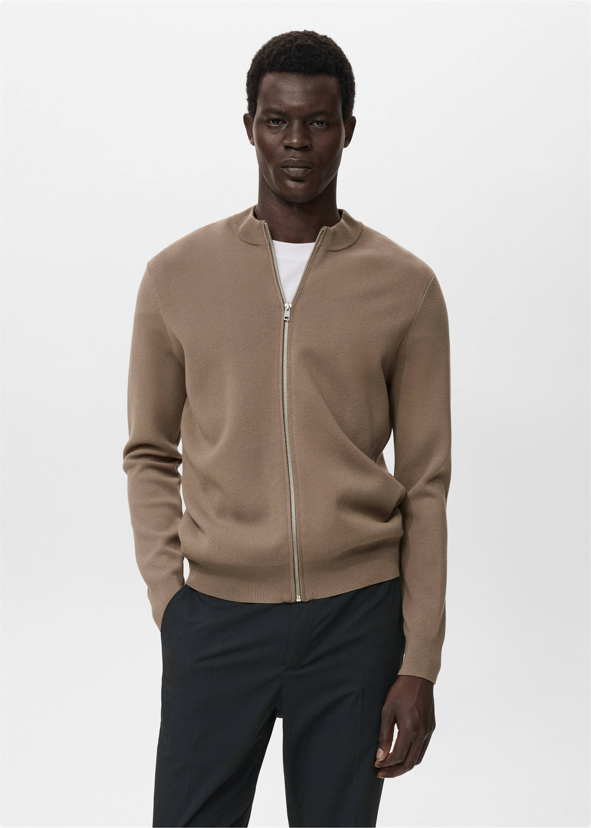 Zipped knit cardigan - Medium plane, Medium Brown. Ref: 17095970-00.