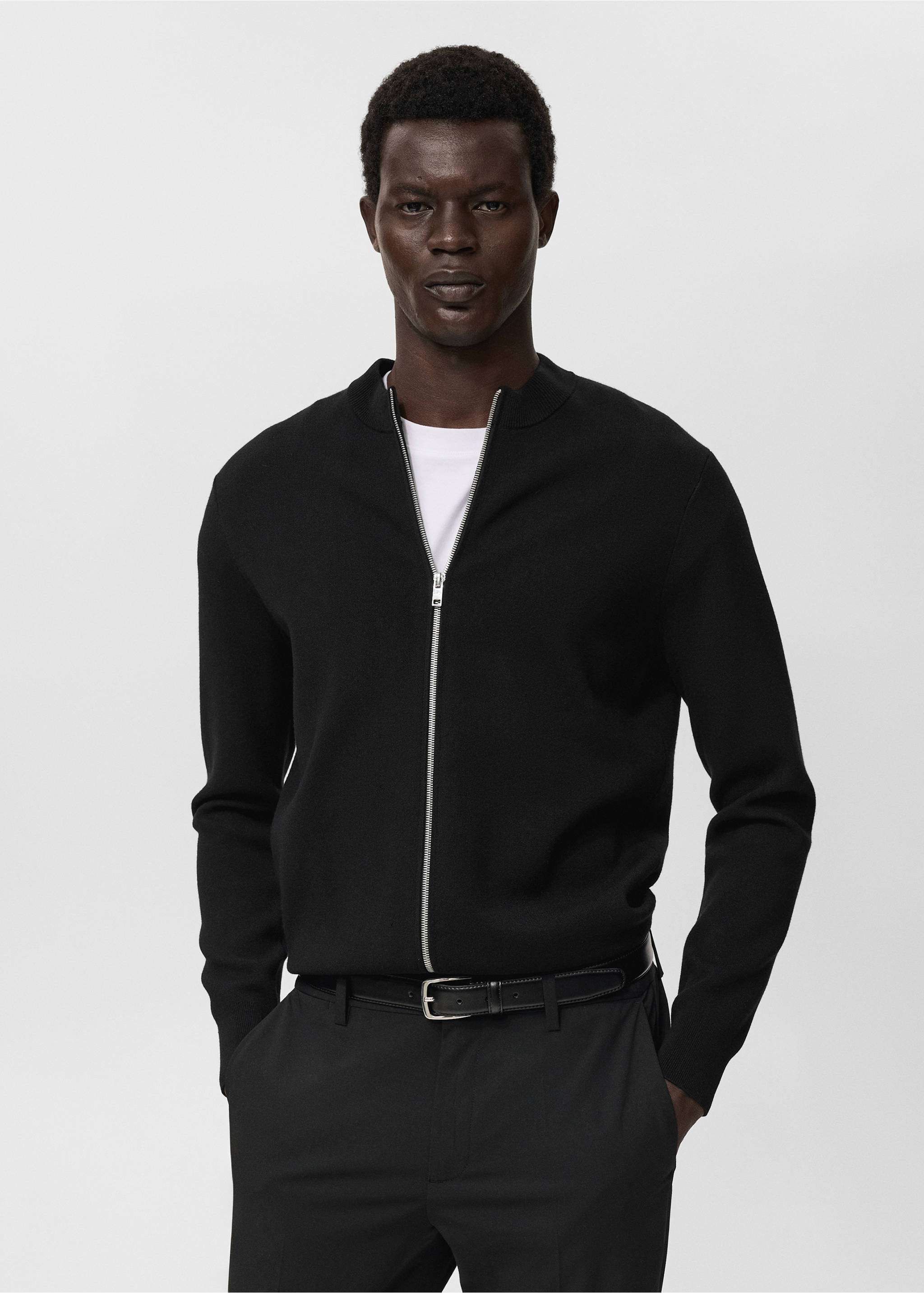 Zipped knit cardigan - Medium plane, Black. Ref: 17095970-00.