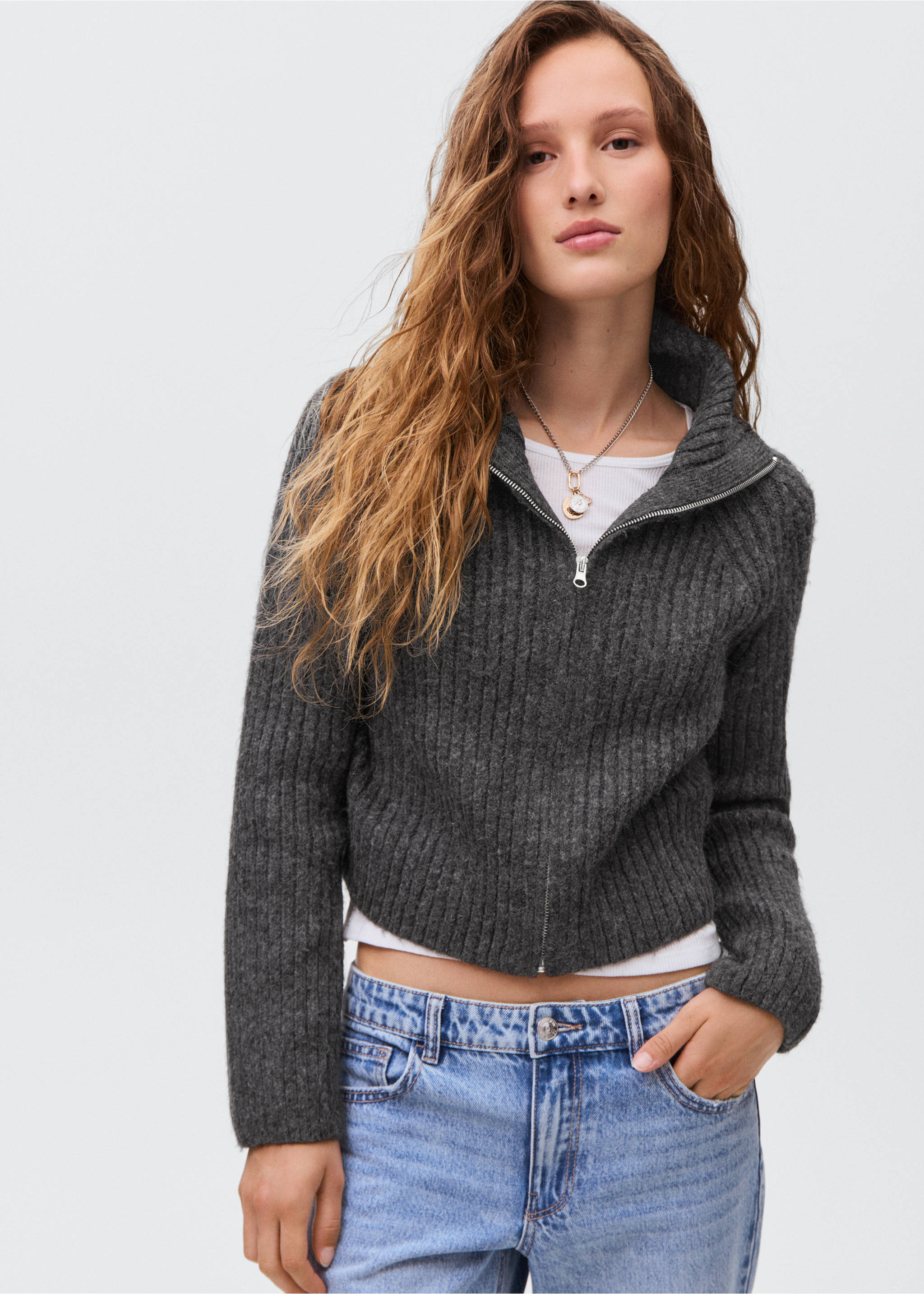 Zipped knit cardigan - Medium plane, Dark Heather Grey. Ref: 17096330-00.