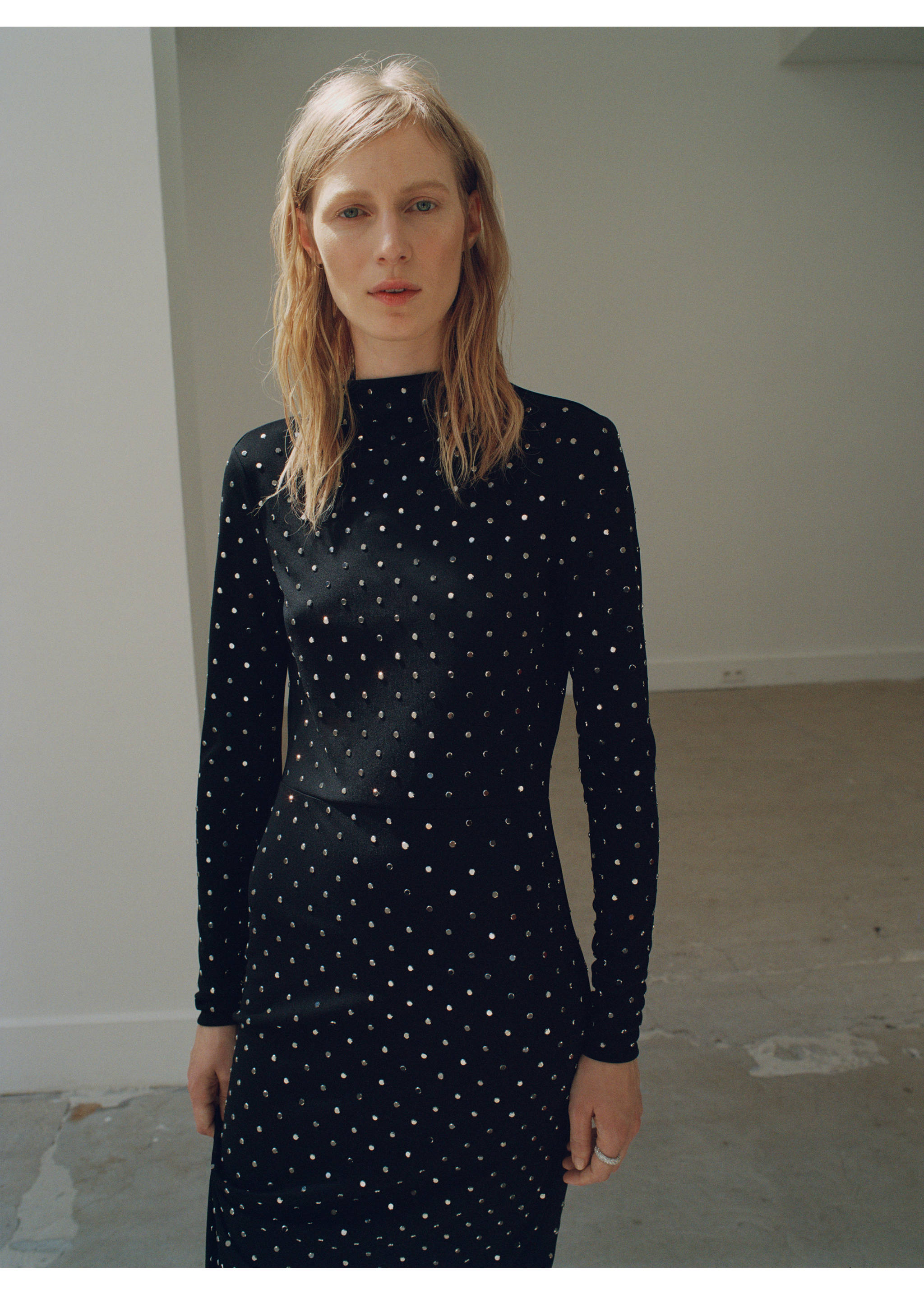 Black long-sleeved high-neck dress with metallic silver studs., Black. Ref: 17096356-00.