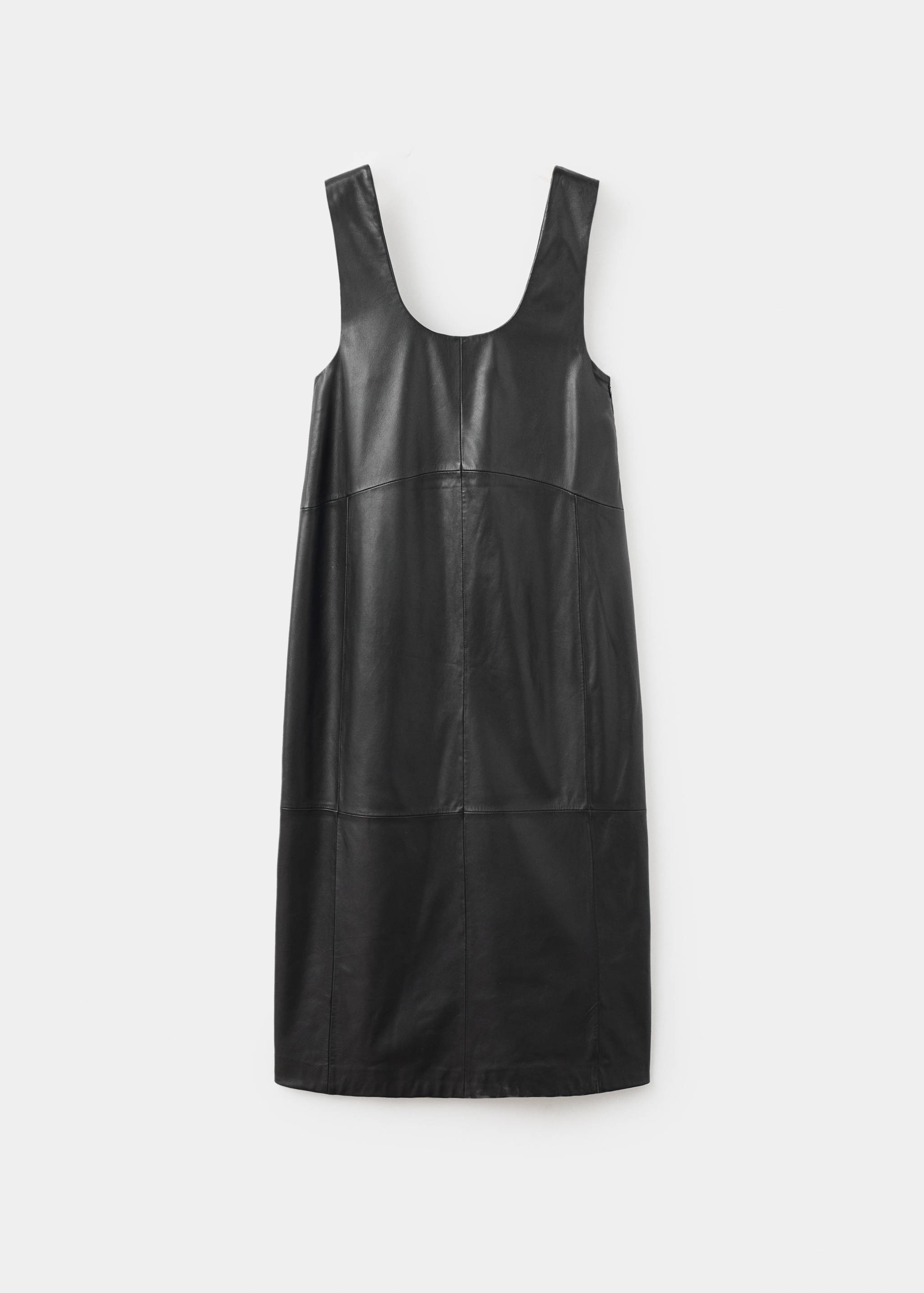Black leather-effect midi dress with a scoop neckline and panelled design.