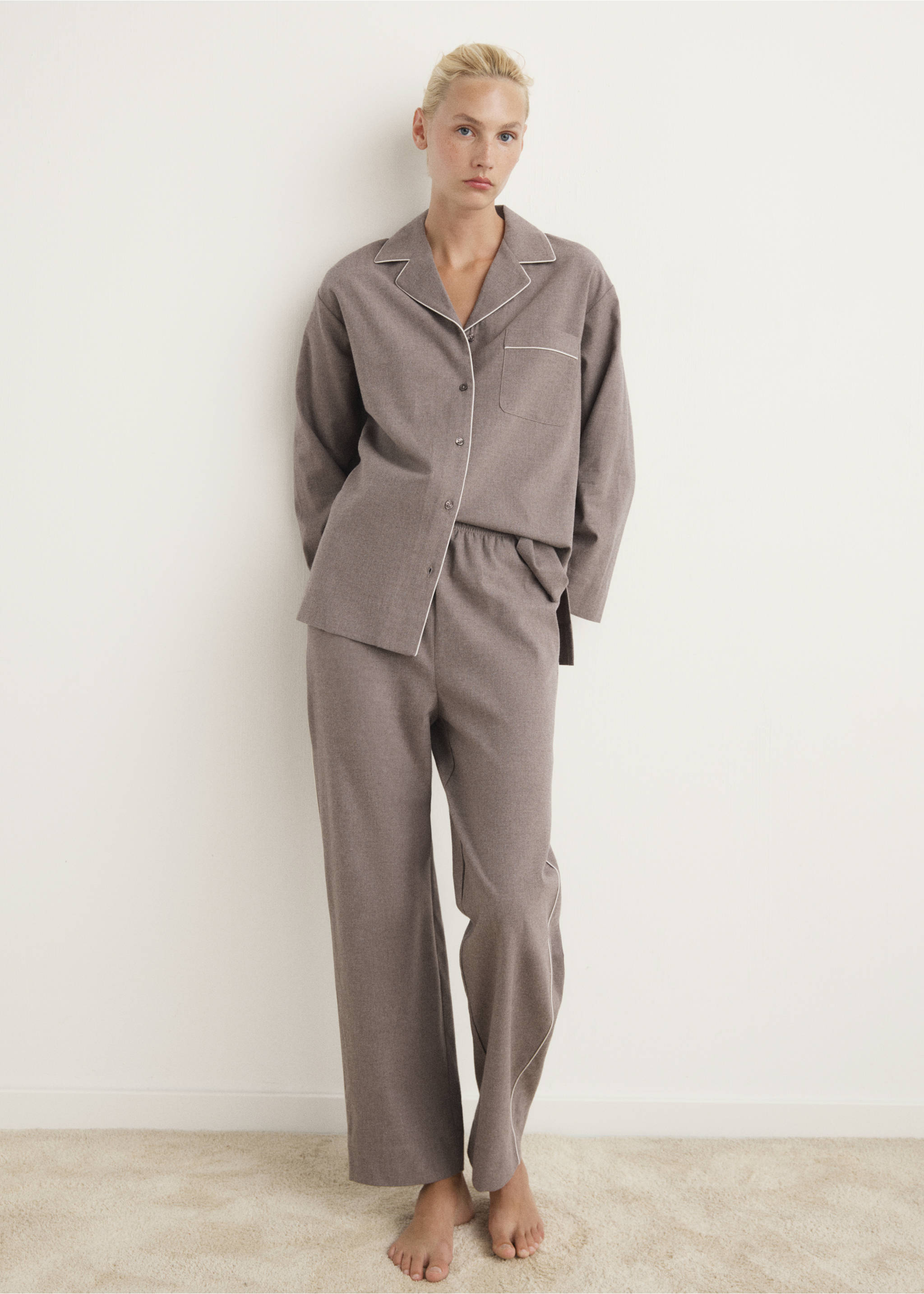 Cotton flannel shirt with contrasting piping - General plane, Medium Brown. Ref: 17097127-00.