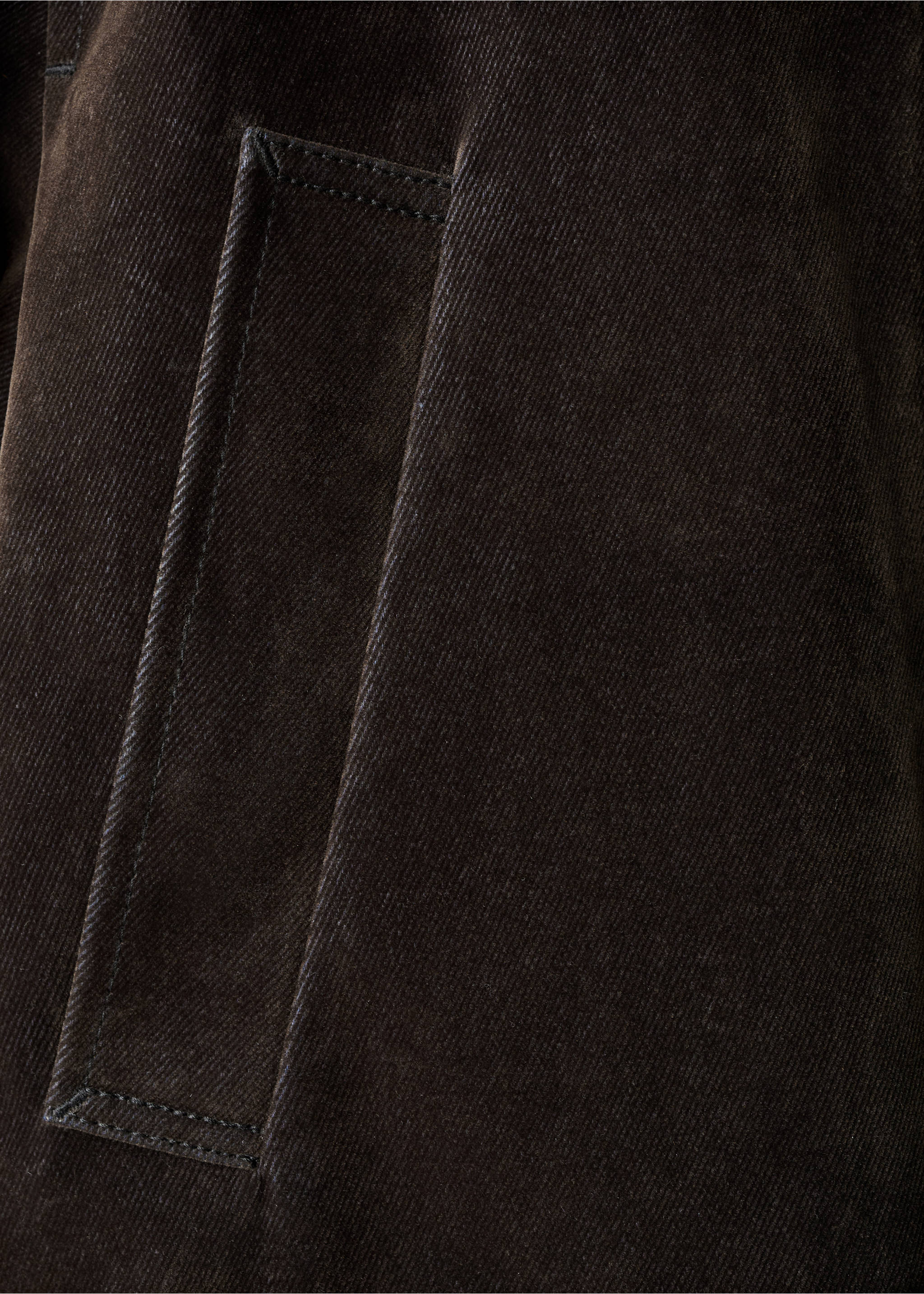 Close-up of the dark brown corduroy fabric and pocket detail on a parka., Chocolate. Ref: 17097804-00.