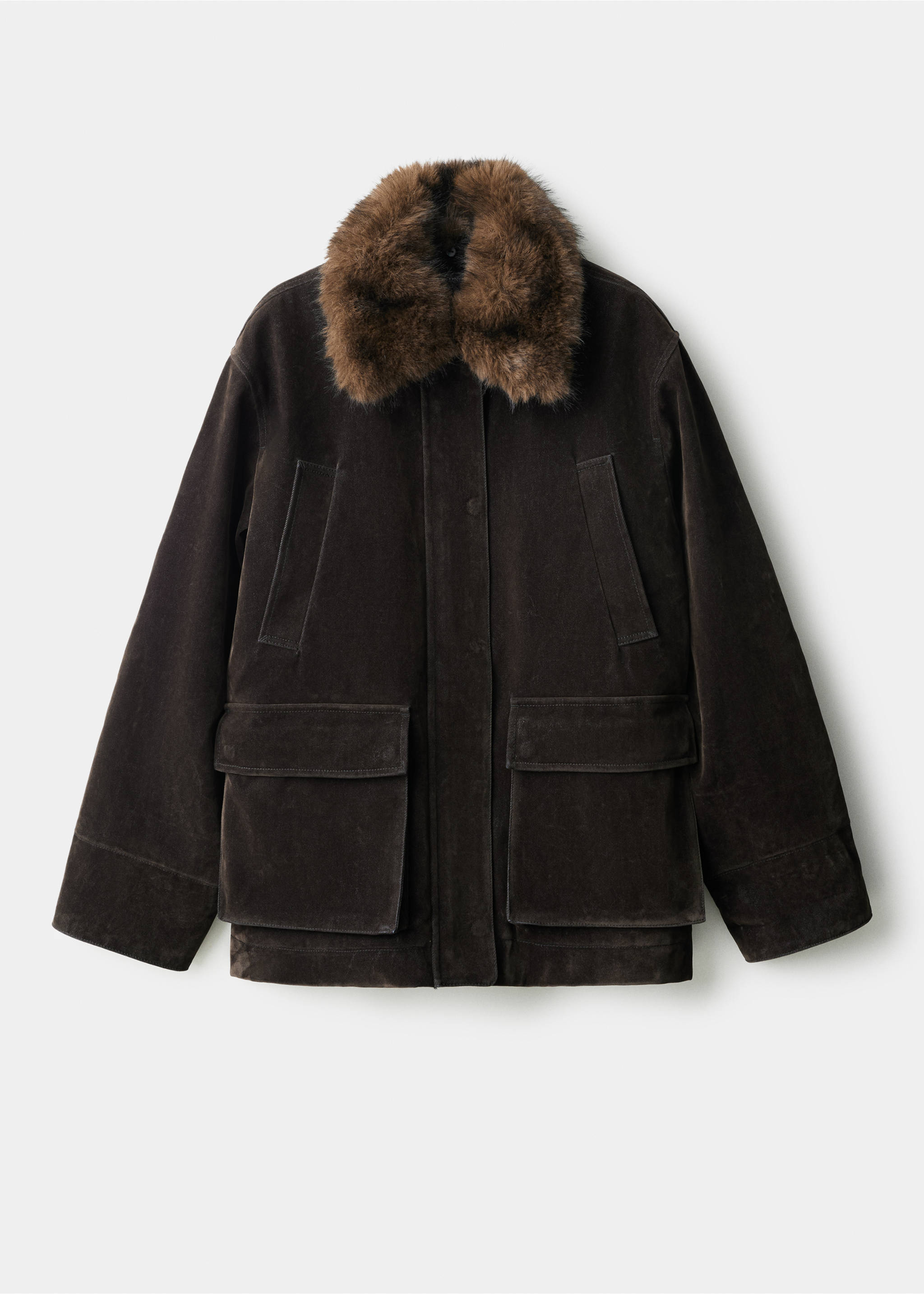Dark brown parka with a fluffy faux-fur collar and large flap pockets., Chocolate. Ref: 17097804-00.
