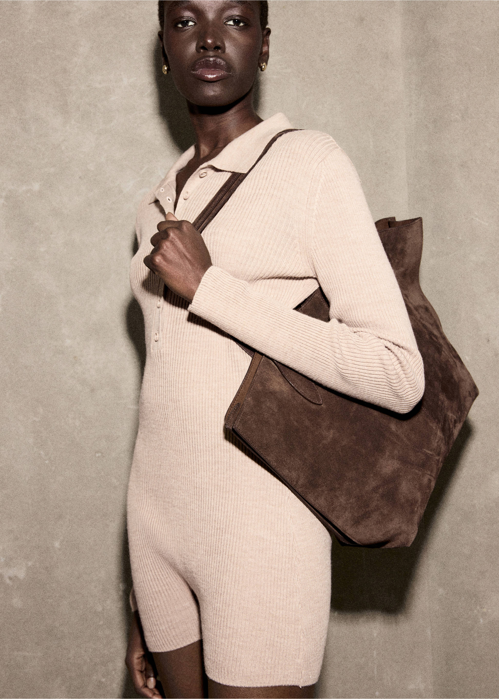 Ribbed knitted polo-neck playsuit - Medium plane, Medium Brown. Ref: 17097814-00.