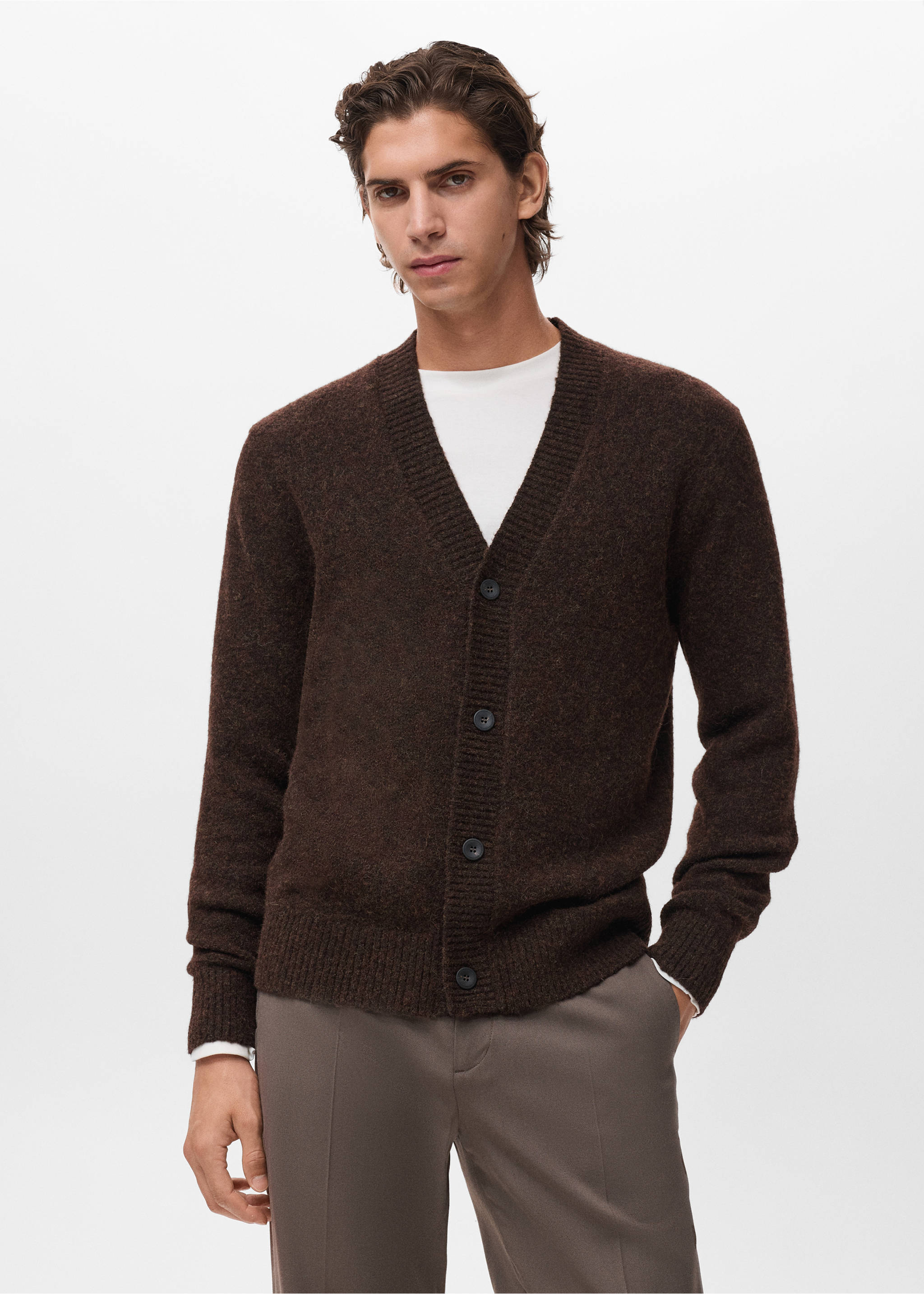 Knitted wool blend cardigan - Medium plane, Brown. Ref: 17097895-00.
