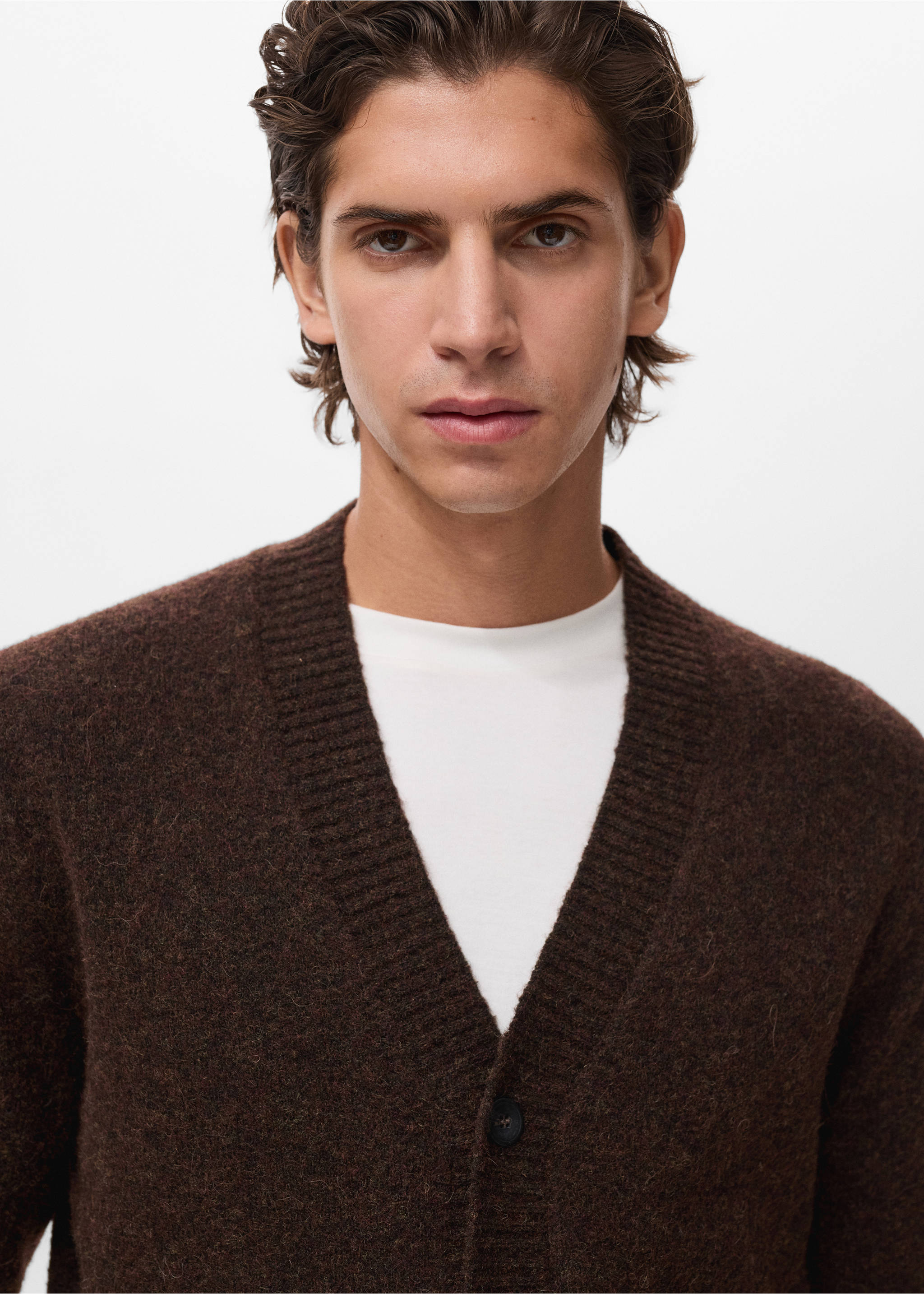 Knitted wool blend cardigan - Details of the article 1, Brown. Ref: 17097895-00.