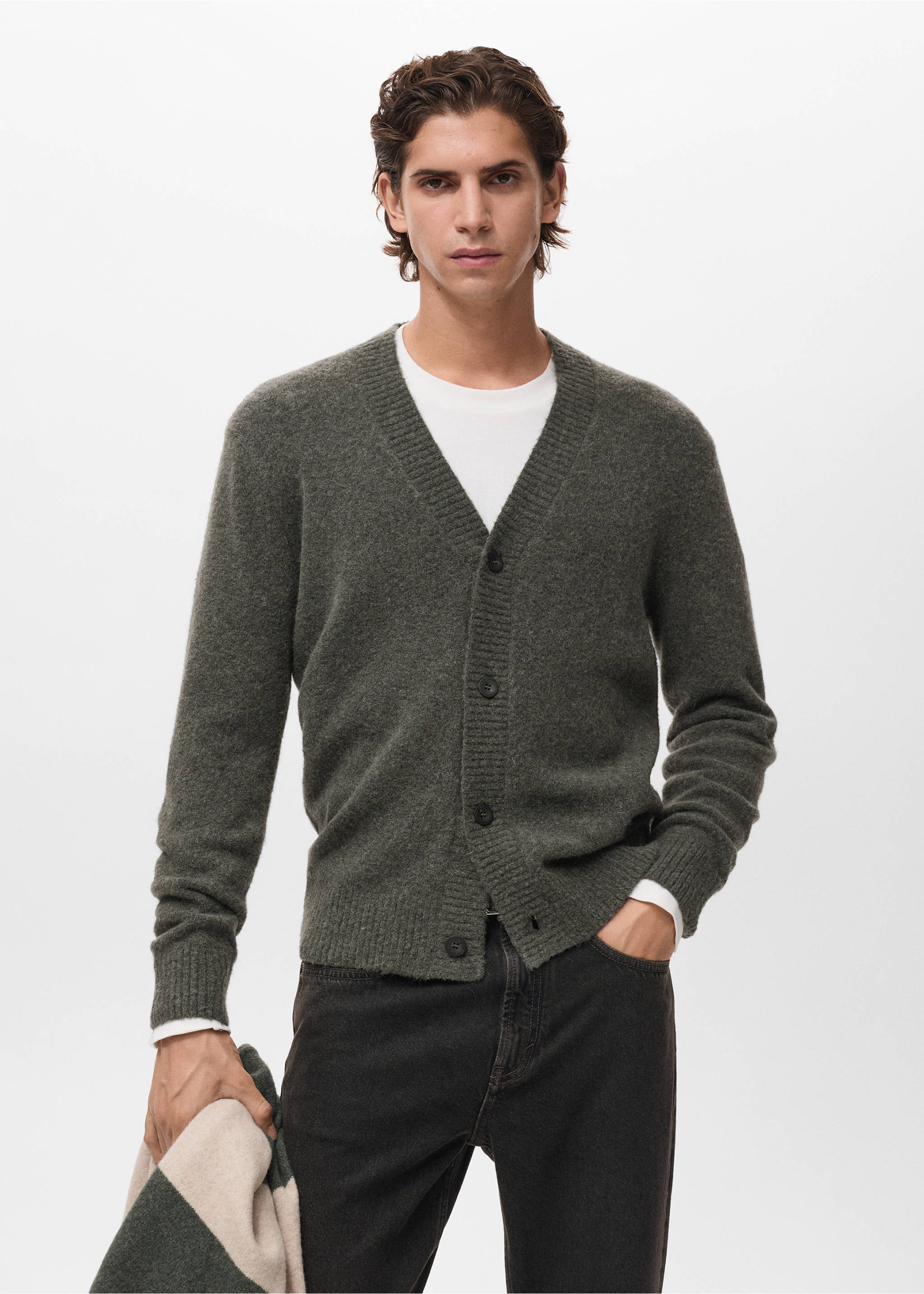 Knitted wool blend cardigan - Medium plane, Dark Green. Ref: 17097895-00.
