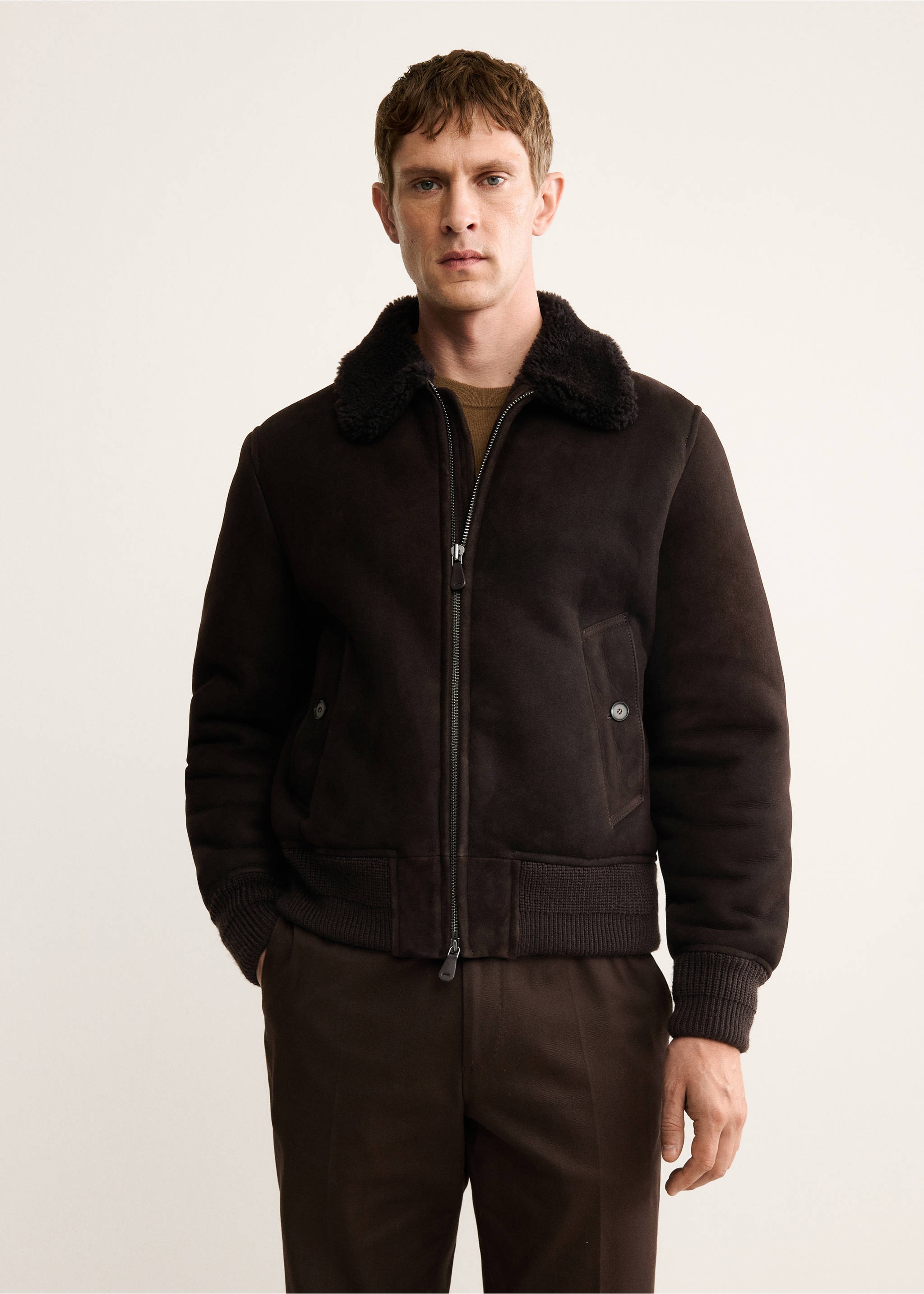 Blouson shearling 100 % daim - Plan moyen, Marron. Ref: 17097897-00.
