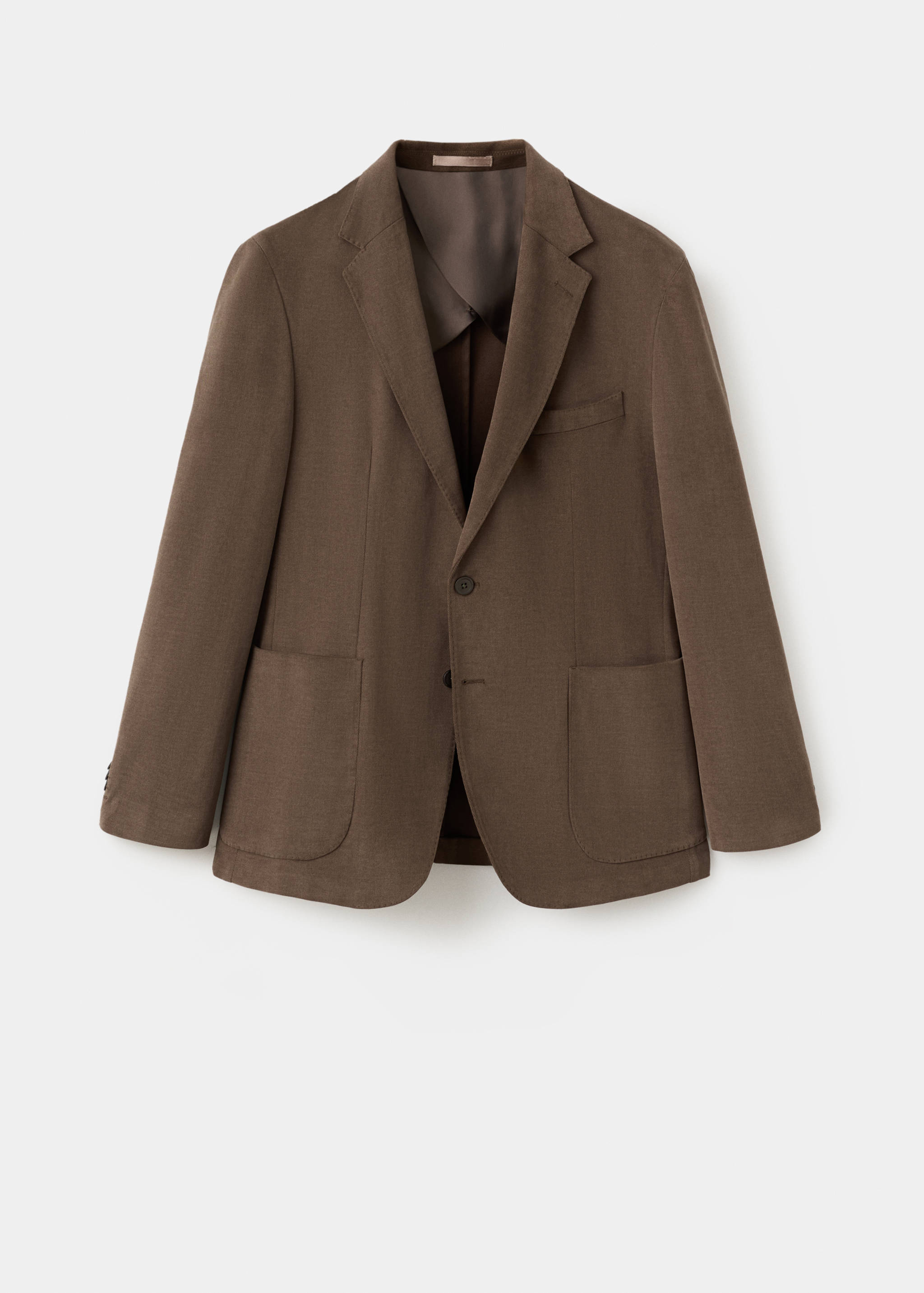 Brown men's blazer in a classic single-breasted design with patch pockets.